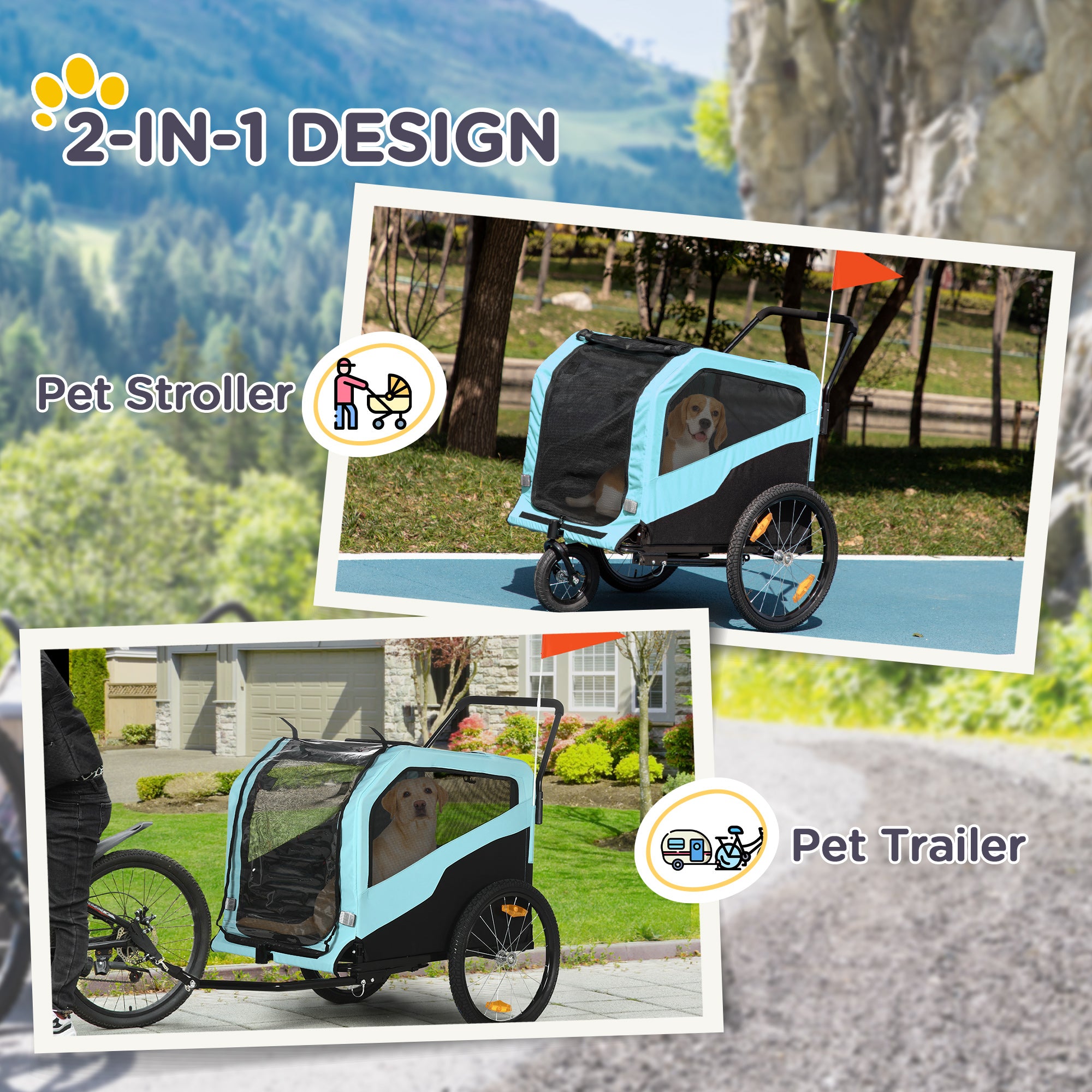 2-in-1 Dog Bike Trailer Pet Stroller Carrier for Large Dogs with Hitch