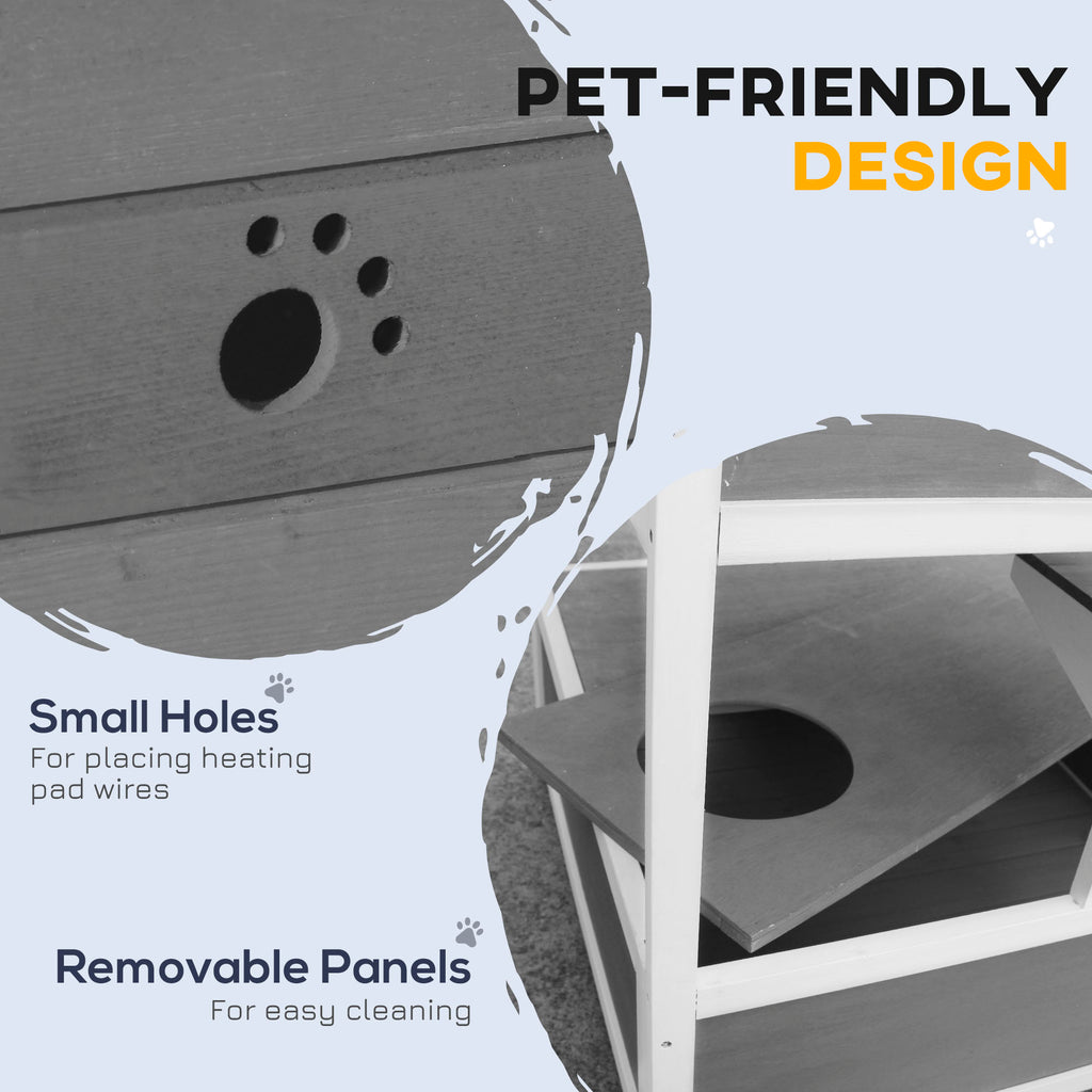 Wooden Outdoor Cat House with Asphalt Roof, Escape Doors, Condo, Jumping Platform, Light Gray