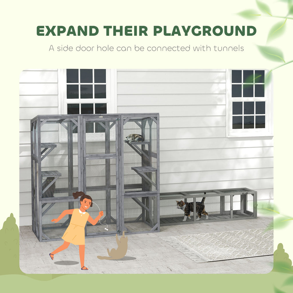 Large Wooden Catio Outdoor with 6 Jumping Platforms, Weatherproof Roof, for 1-3 Cats, 59" x 28" x 60", Gray