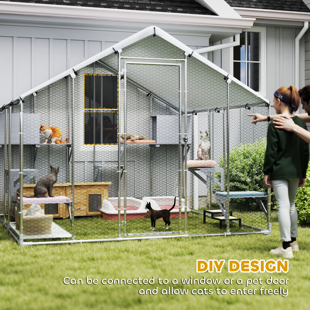 94.5" Extra Large Metal Outdoor Catio with Waterproof Cover, 2 Resting Boxes, 7 Jumping Platforms, for Multiple Cats