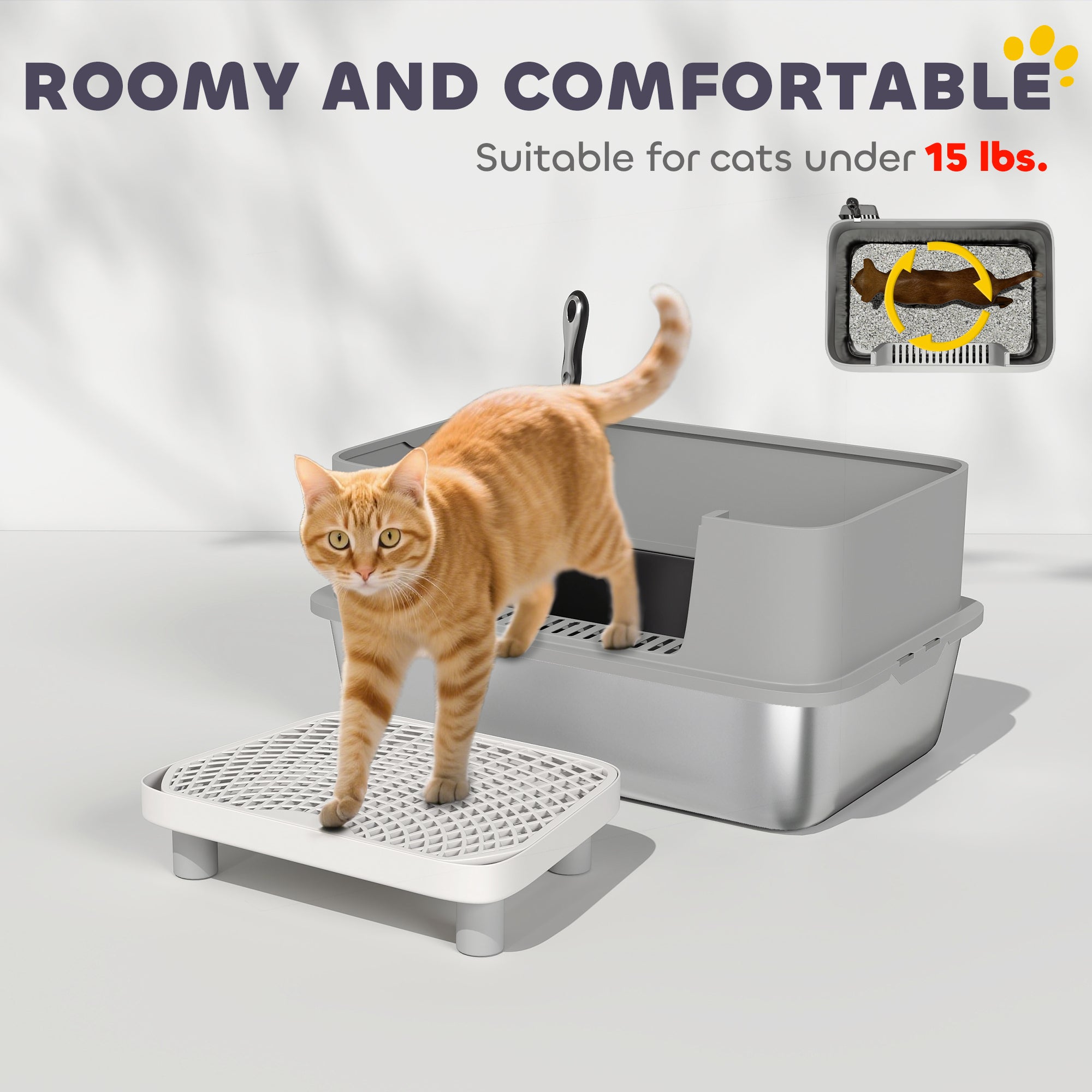 Stainless Steel Litter Box with High Sides, Metal Cat Litter Box with Scoop, Pedal, Anti-Urine Leakage, Non-Sticky