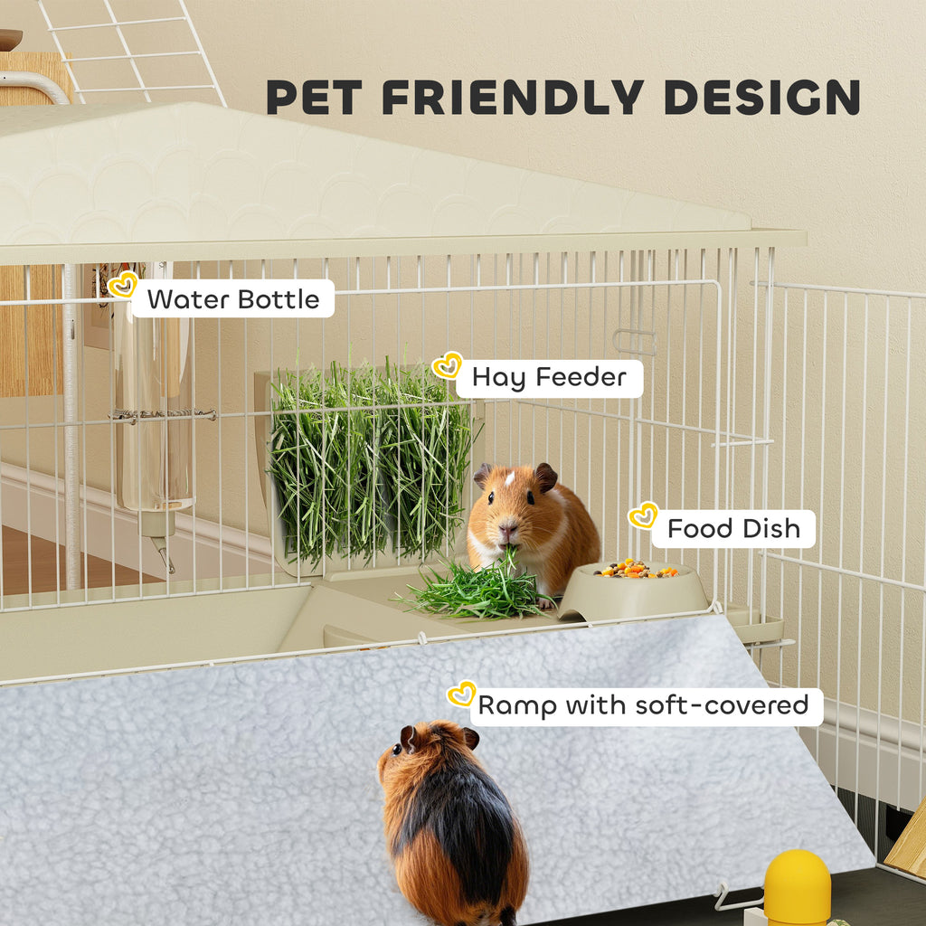 Guinea Pig Cage with Removable Playpen, Waterproof Pad, Hay Feeder & Water Bottle, Small Animal Habitat for Indoor Use