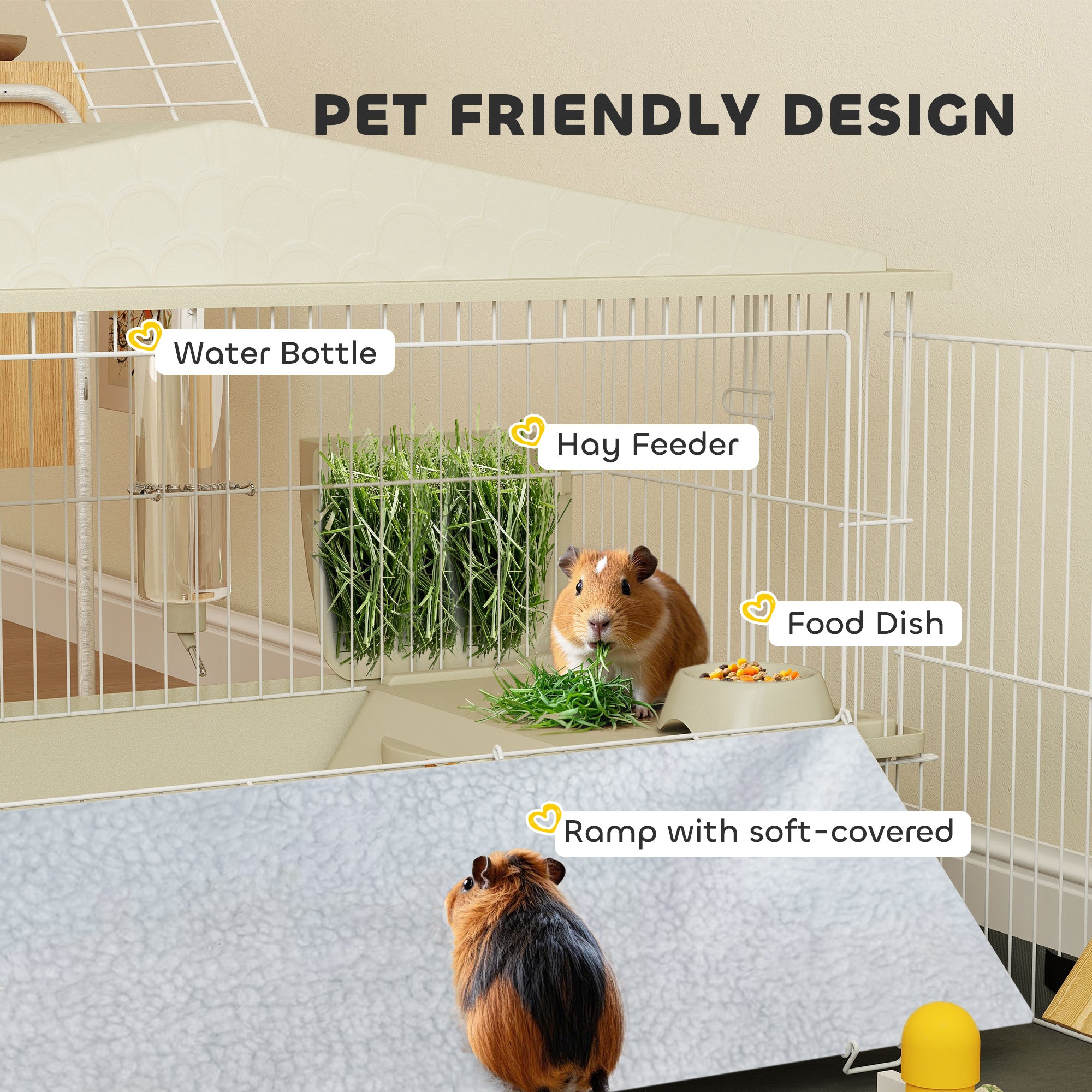 Guinea Pig Cage with Removable Playpen, Waterproof Pad, Hay Feeder & Water Bottle, Small Animal Habitat for Indoor Use