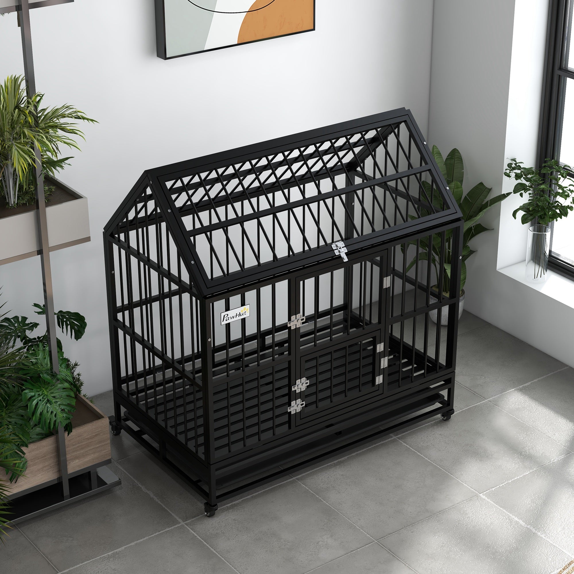 48" Heavy Duty Dog Crate with Lockable Wheels & Double Doors for XL Dogs