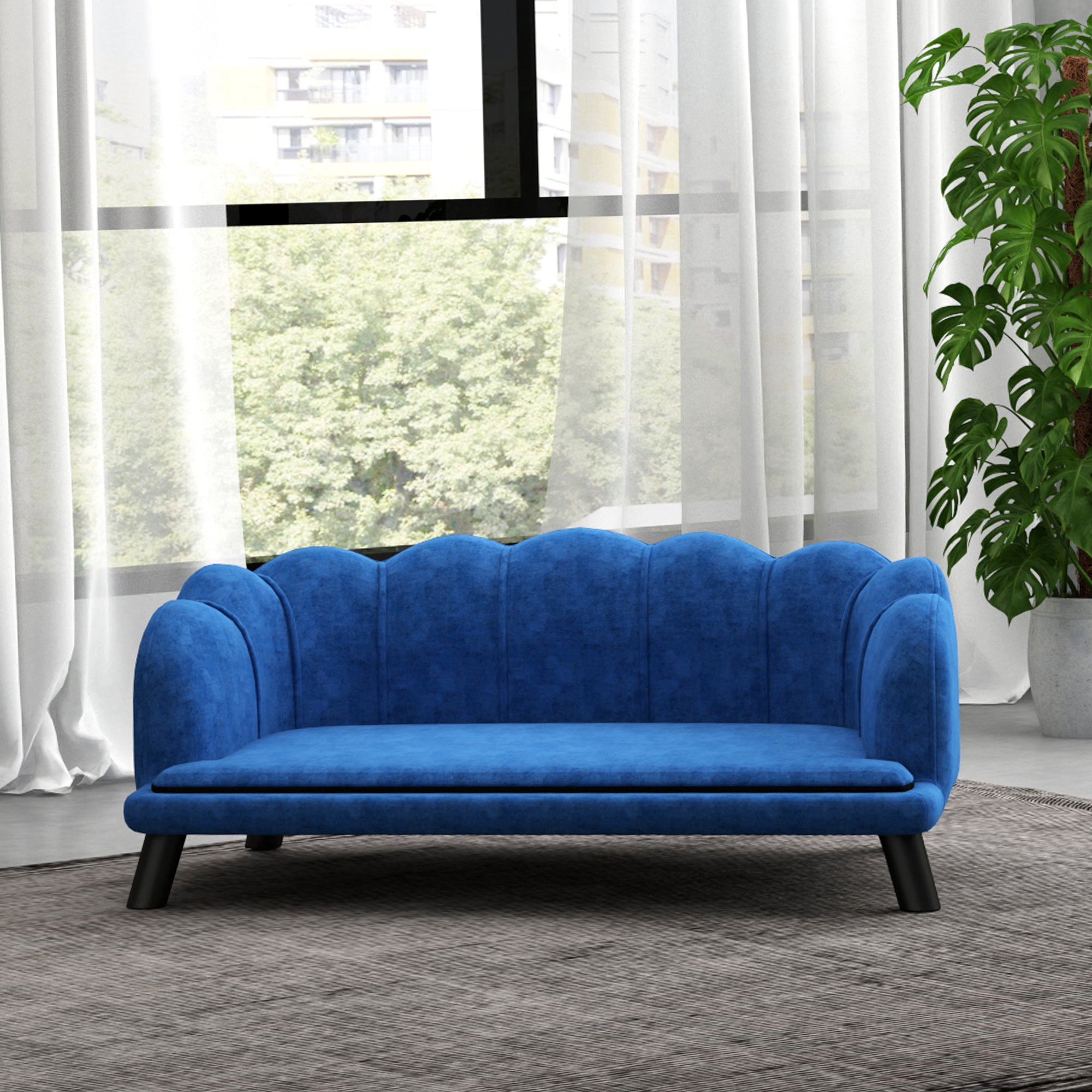 Pearl Design Pet Sofa for Medium and Large Sized Dogs, Pet Bed with Cushion and Solid Wood Legs, Dark Blue