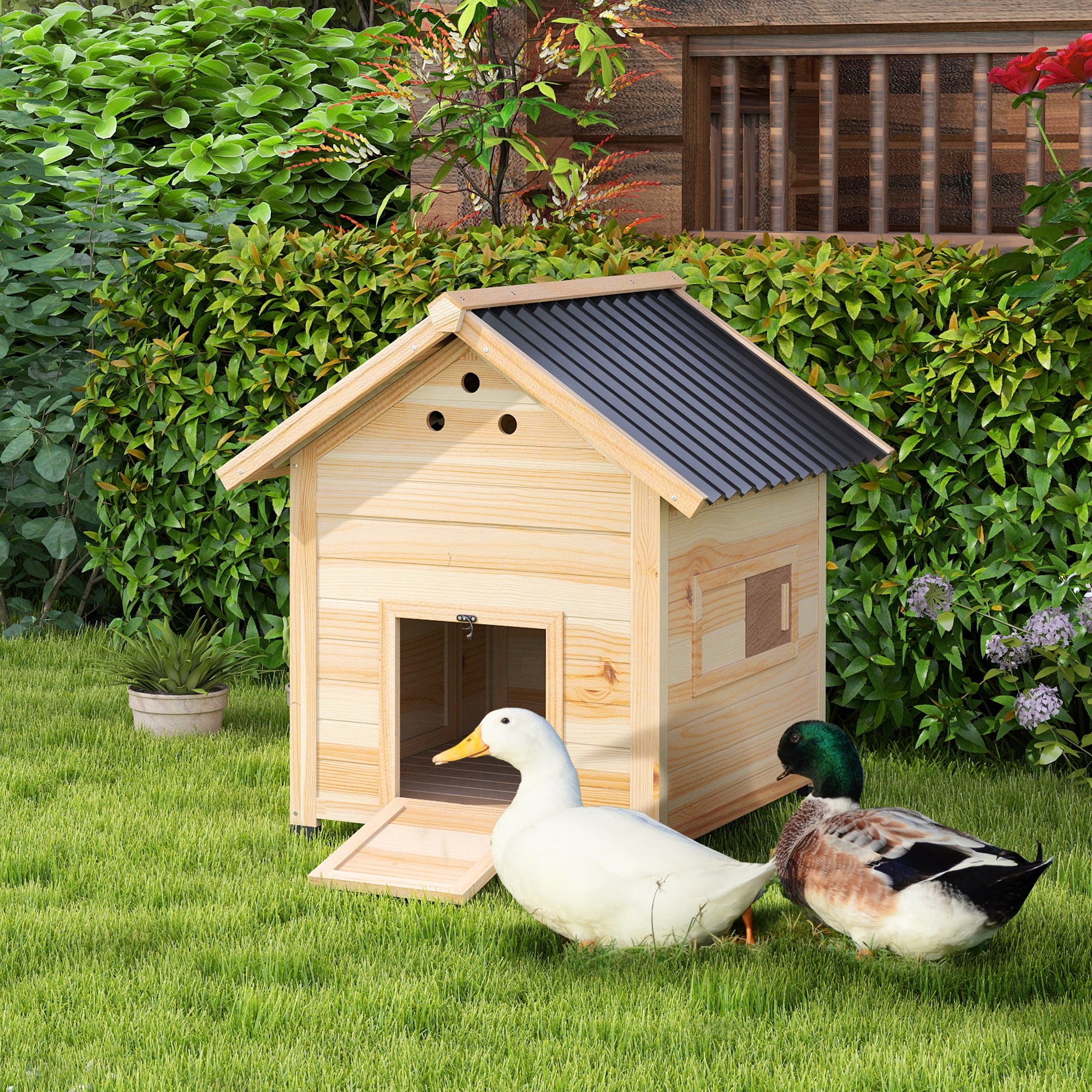 Duck Coop, Wooden Duck House with Openable Roof & Double Doors, Natural Wood
