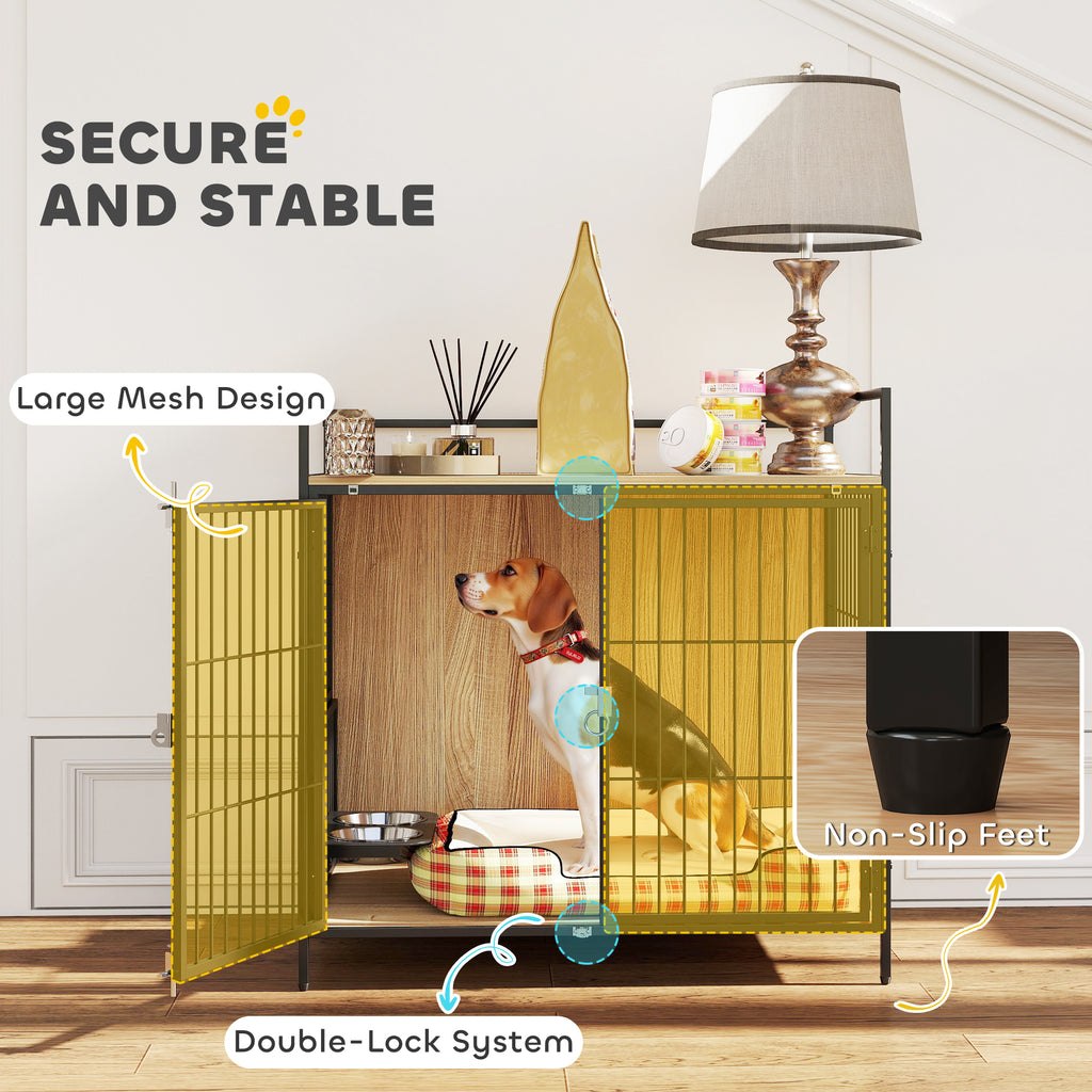 30 Inch Dog Crate Furniture, Indoor Pet Kennel Side Table with Rotatable Bowls, 2 Anti-Escape Doors, for M Dogs, Oak