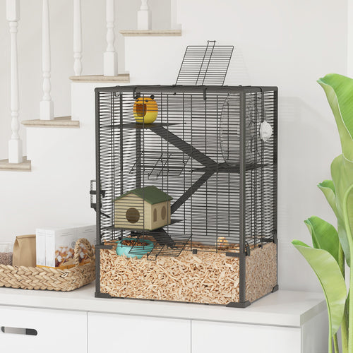 4 Tier Hamster Cage with Deep Tempered Glass Bottom, Running Wheel, Hut, Water Bottle, Food Dish, 24" x 16" x 31.5"
