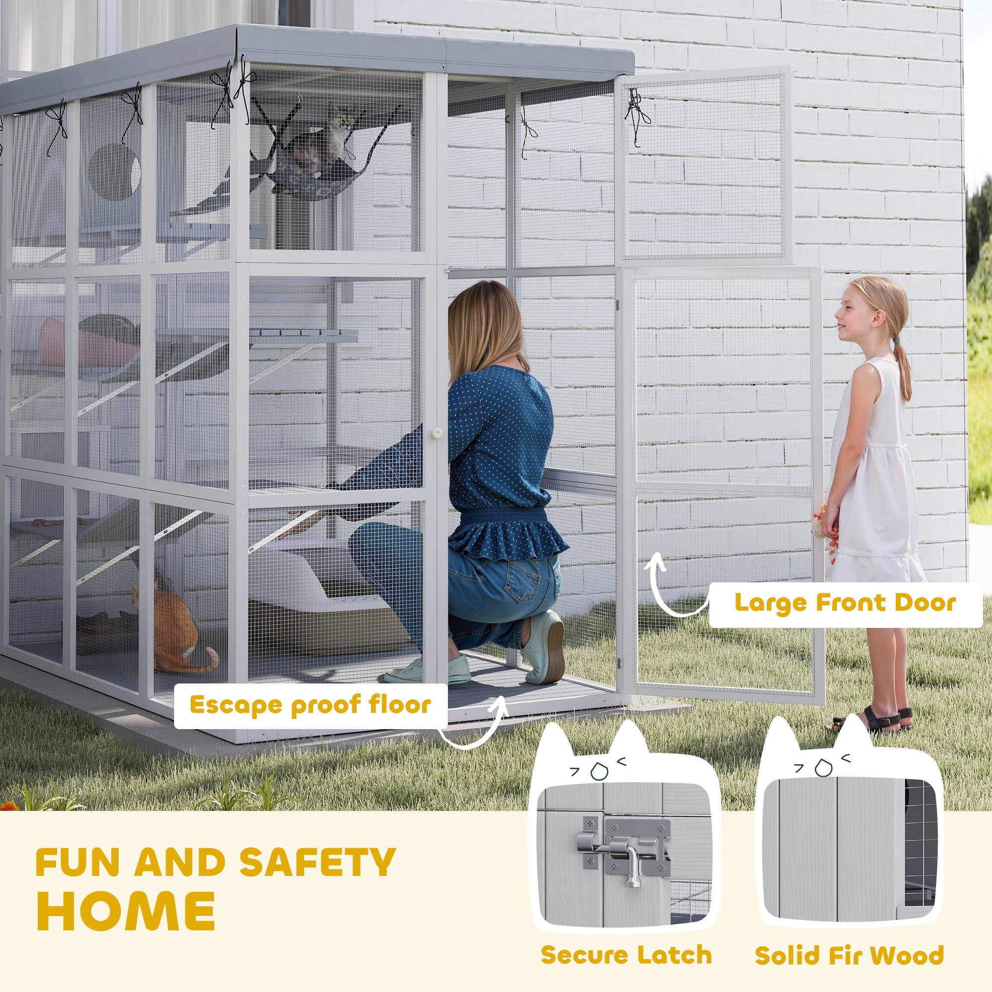 Large Outdoor Catio Cat Enclosure with Hammock, Condo, Jump Platforms, Ladders, Ramps, Tarp, for 2-4 Large Cats, Gray