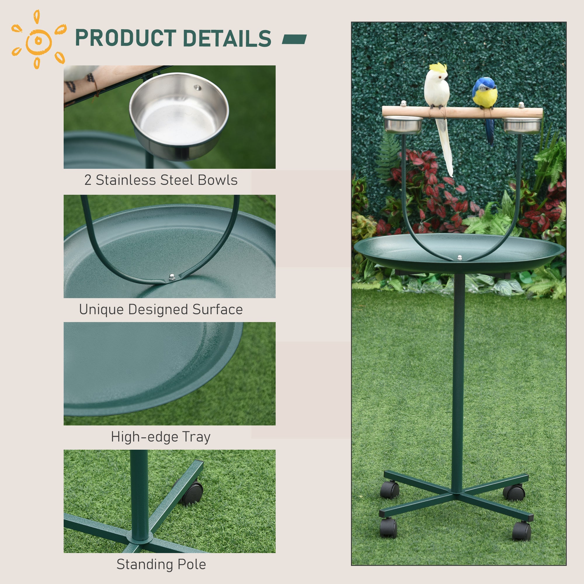 48" Rolling T-Stand Bird Training Activity Playground With Perch