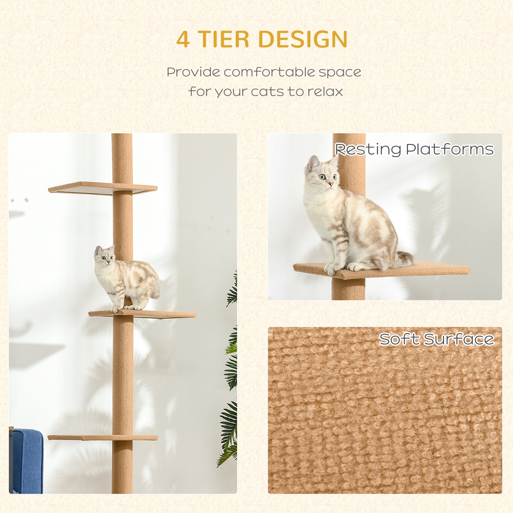Floor-to-Ceiling Cat Tree with Sisal Scratching Posts, Tall Cat Climbing Tower Activity Center for Kittens & Indoor Cats, Brown