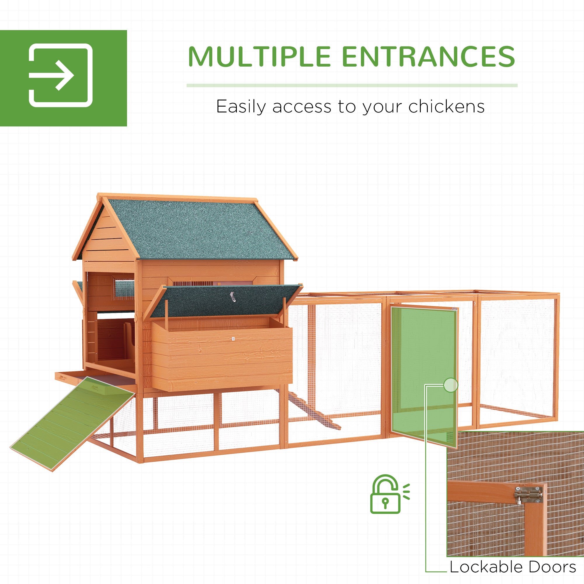 137" Chicken Coop for 8-10 Chickens, Large Chicken House, Wooden Poultry Hen Cage with Nesting Box and Run for Backyard, Orange