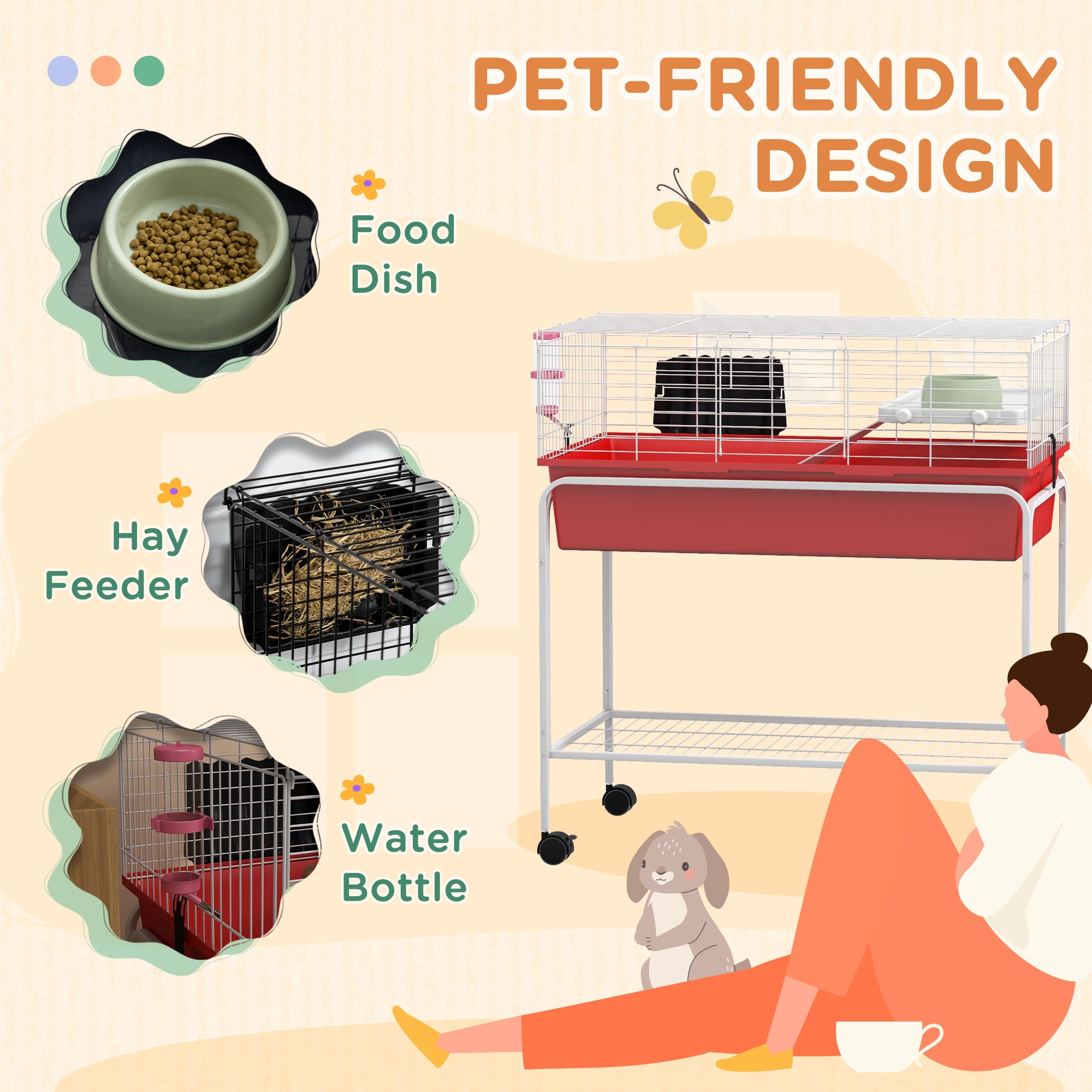 Two-Story Small Animal Cage Removable from Stand, Pet Habitat with Shelf & Wheels, 33" x 18.5" x 35", Red