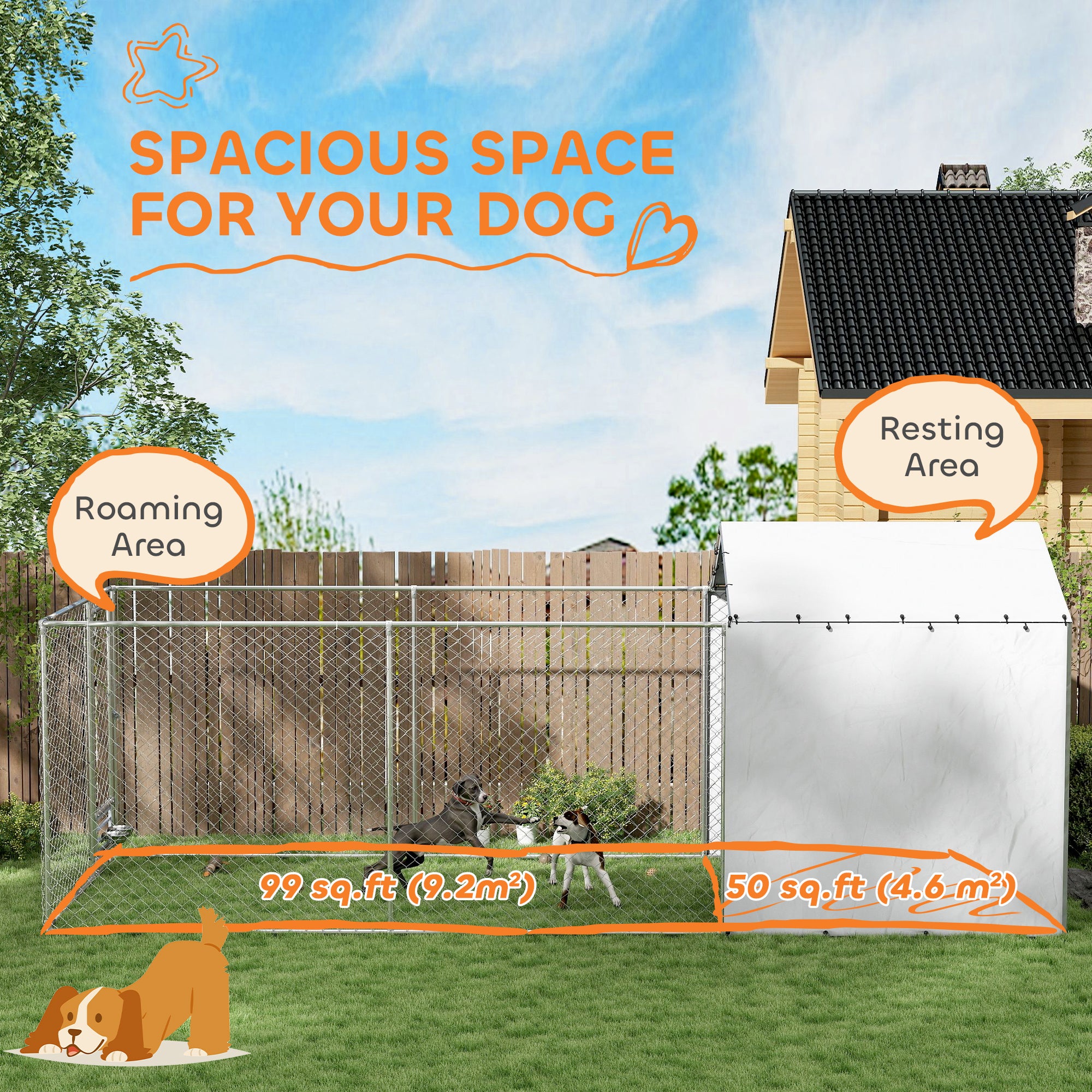 Galvanized Chain Link Large Outdoor Dog Kennel with Waterproof & UV-Resistant Cover, for M&L Dogs, 19.7' x 7.5' x 7.5'