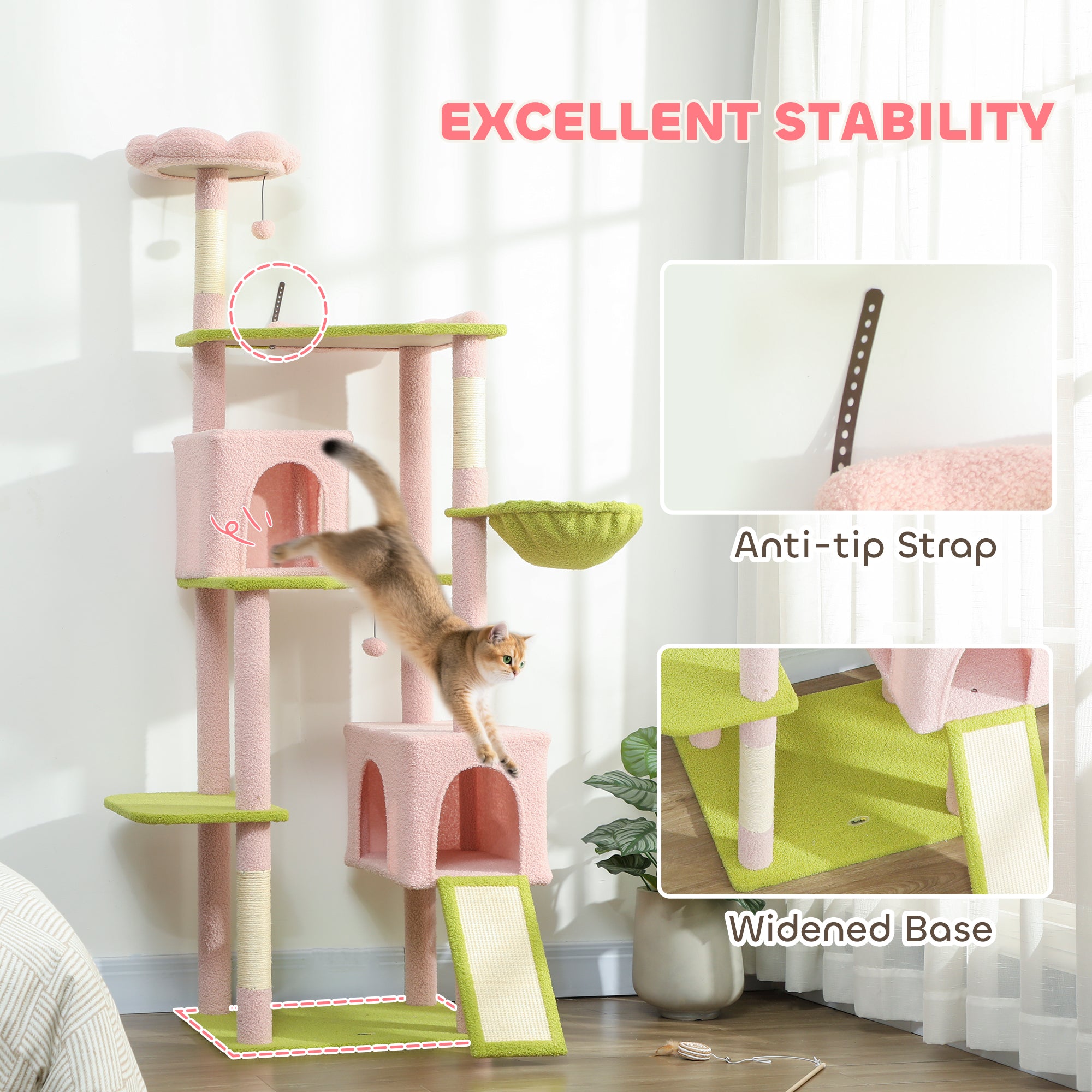 74" Pink Flower Cat Tree - Aesthetic Tall Cat Tower for Indoor Cats with 2 Condos, 3 Hammocks & 8 Sisal Scratching Posts, Floral Multi-Level Play House