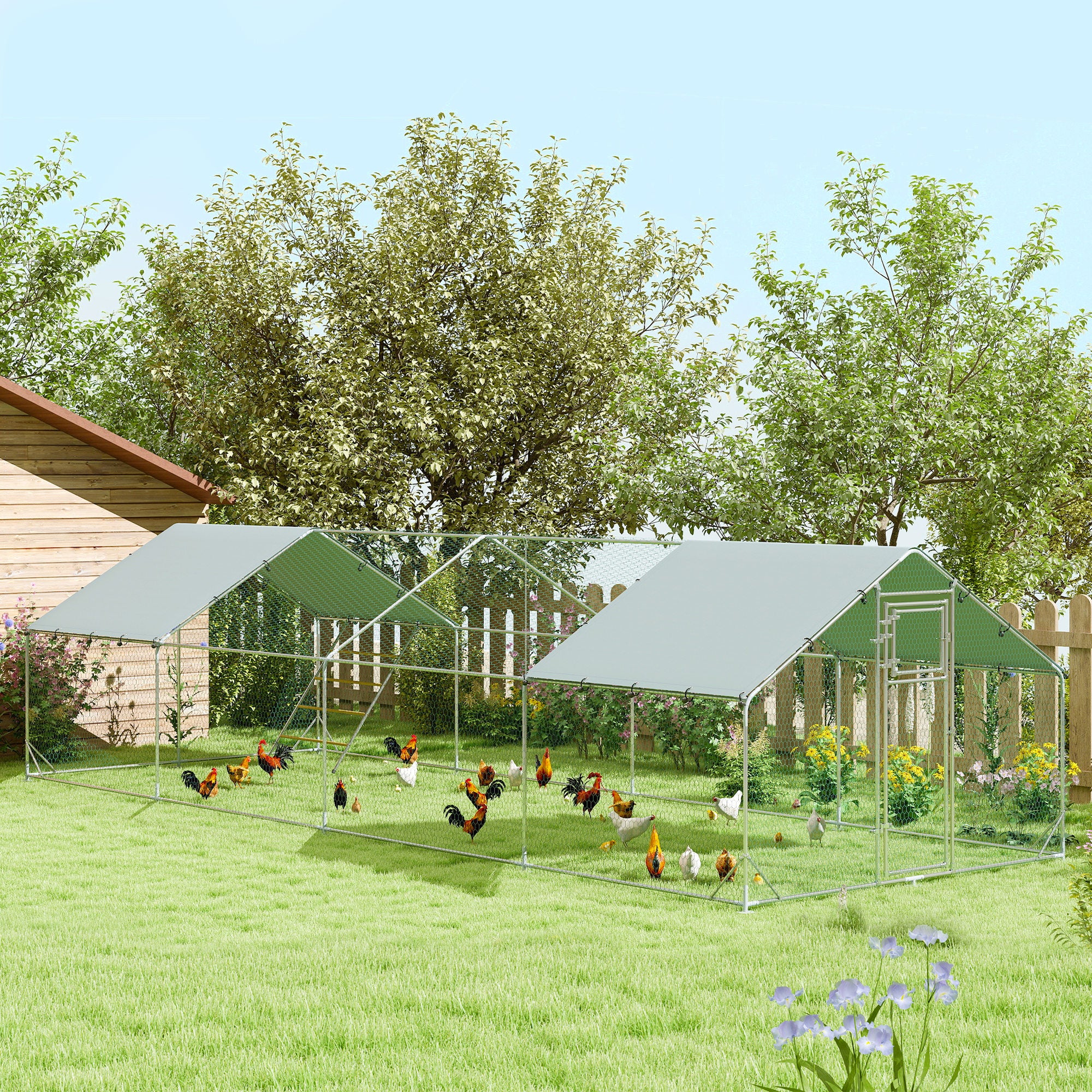 Metal Chicken Run w/ Waterproof & Anti-UV Cover, Feeding Door, Hanging Feeder, for 24-30 Chickens, 9.8' x 26.2' x 6.4'