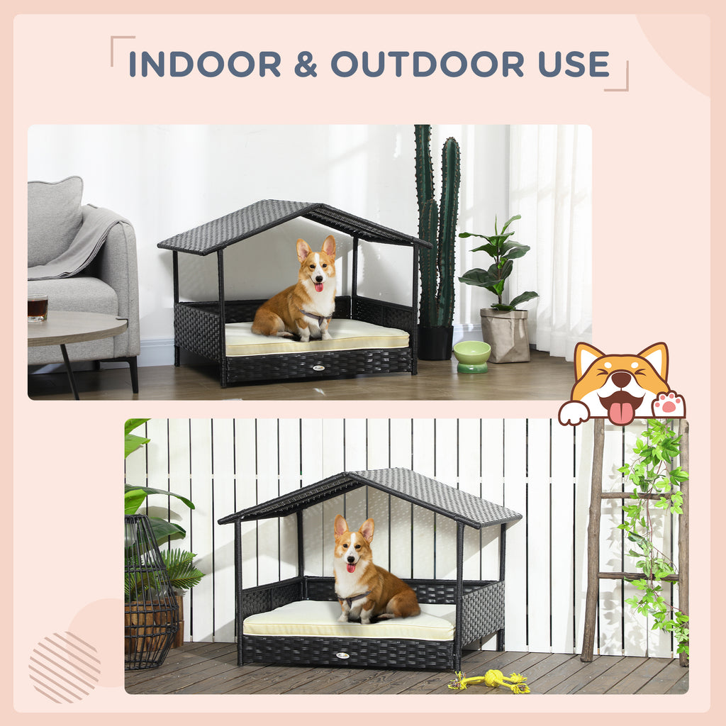 Wicker Dog House with Removable Cushion Lounge, Cream White