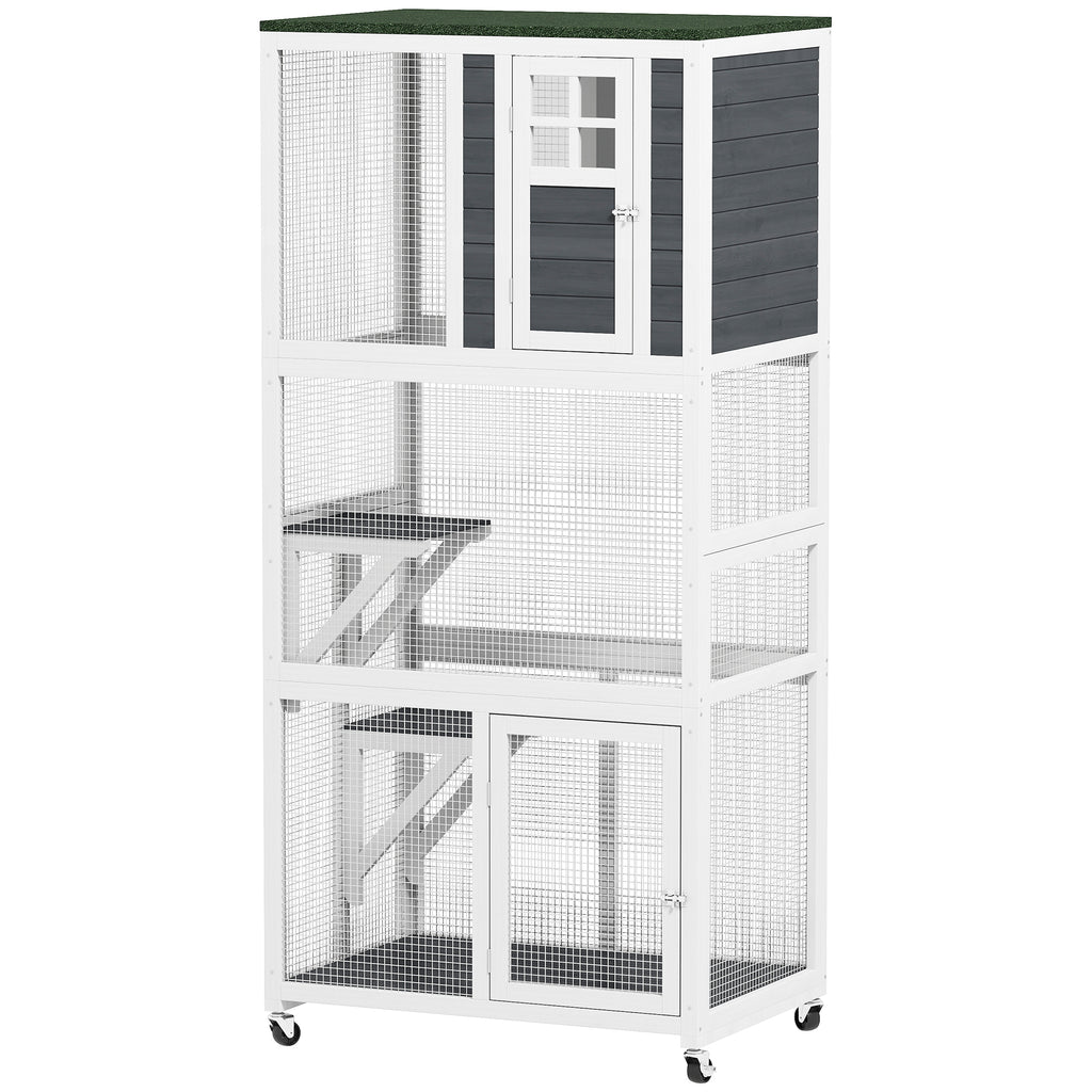 74" Wooden Catio Outdoor Cat Enclosure Weatherproof & Wheeled, Outside Cat House with High Weight Capacity, Kitten Cage Condo, White
