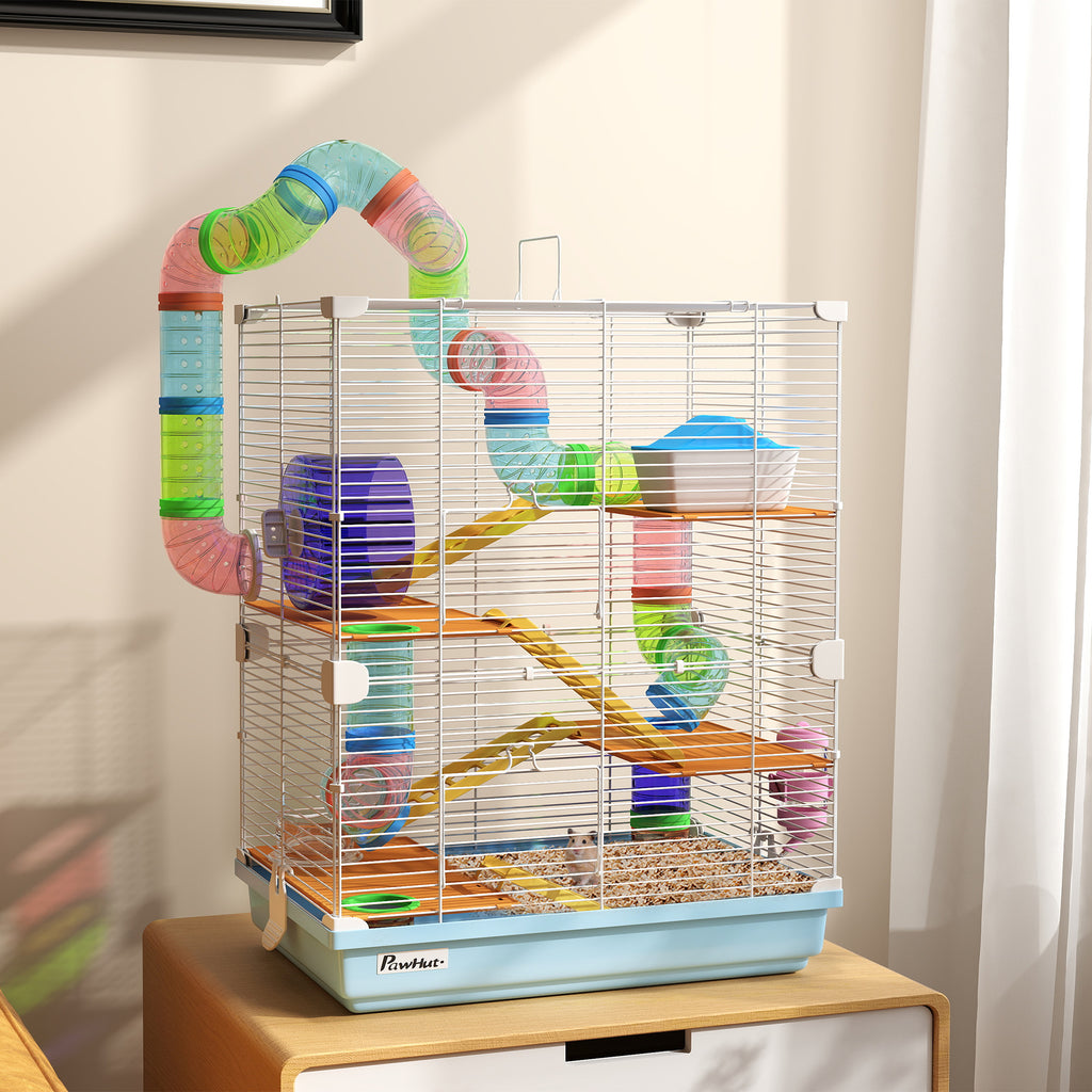 5 Tiers Hamster Cage Portable Animal Travel Carrier w/ Exercise Wheels Tube, Light Blue