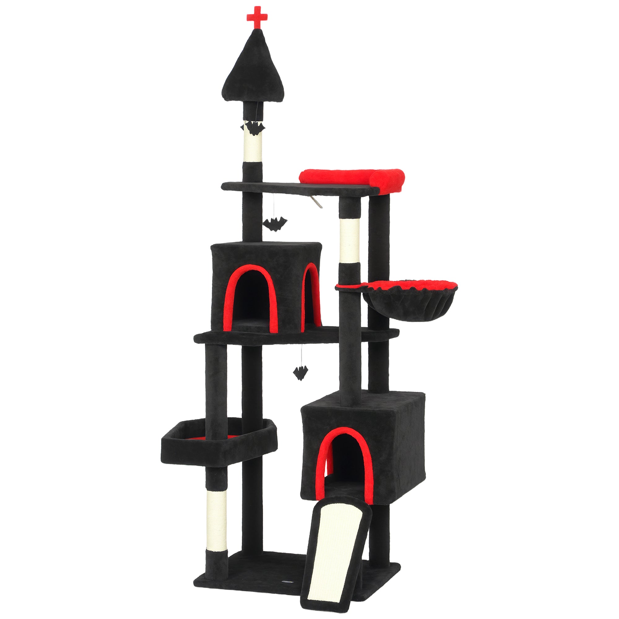78" Gothic Cat Tree with Coffin Bed - Tall Cat Tower for Indoor Cats with 2 Spacious Condos & Sisal Scratching Posts, Unique Bat Hanging Toys, Halloween Furniture