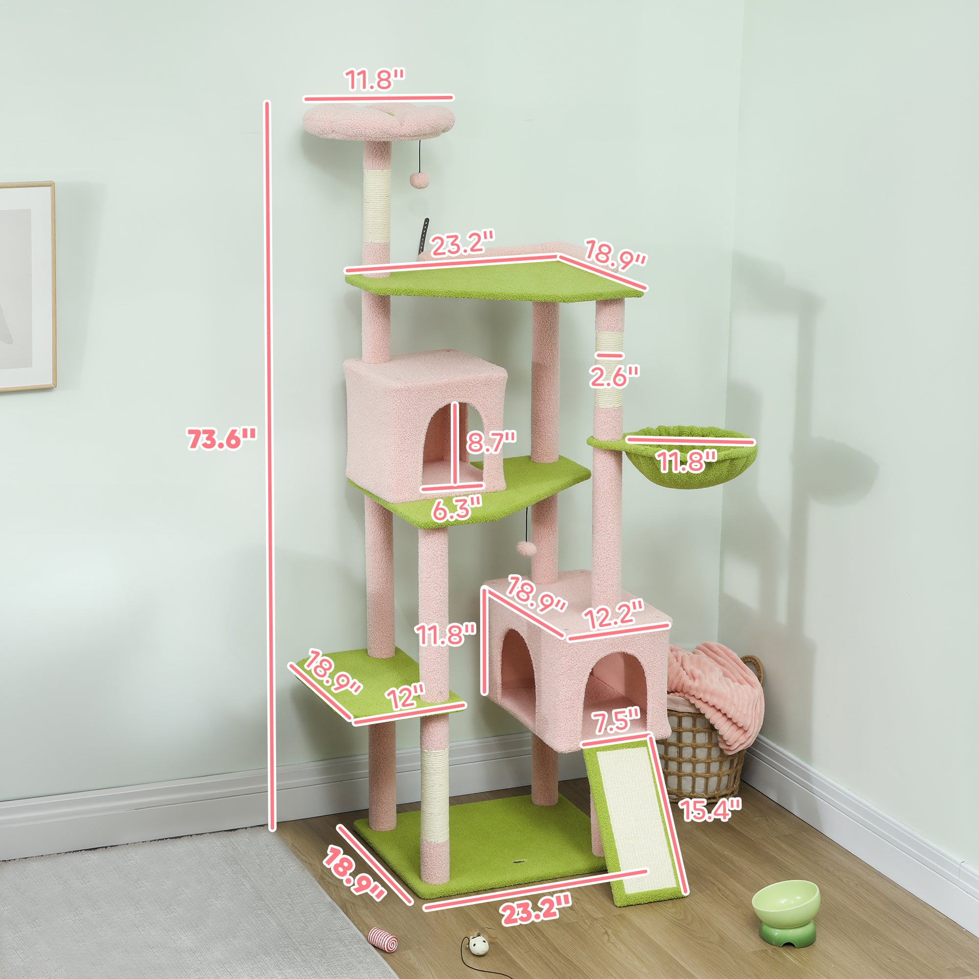 74" Pink Flower Cat Tree - Aesthetic Tall Cat Tower for Indoor Cats with 2 Condos, 3 Hammocks & 8 Sisal Scratching Posts, Floral Multi-Level Play House