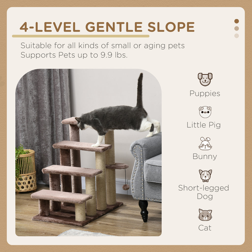 4-Level Cat Steps for High Bed & Sofa - Brown Pet Stairs with Integrated Sisal Scratching Posts, Soft Flannel Platforms & Hanging Toy Ball, Portable Ladder for Senior Cats & Kittens