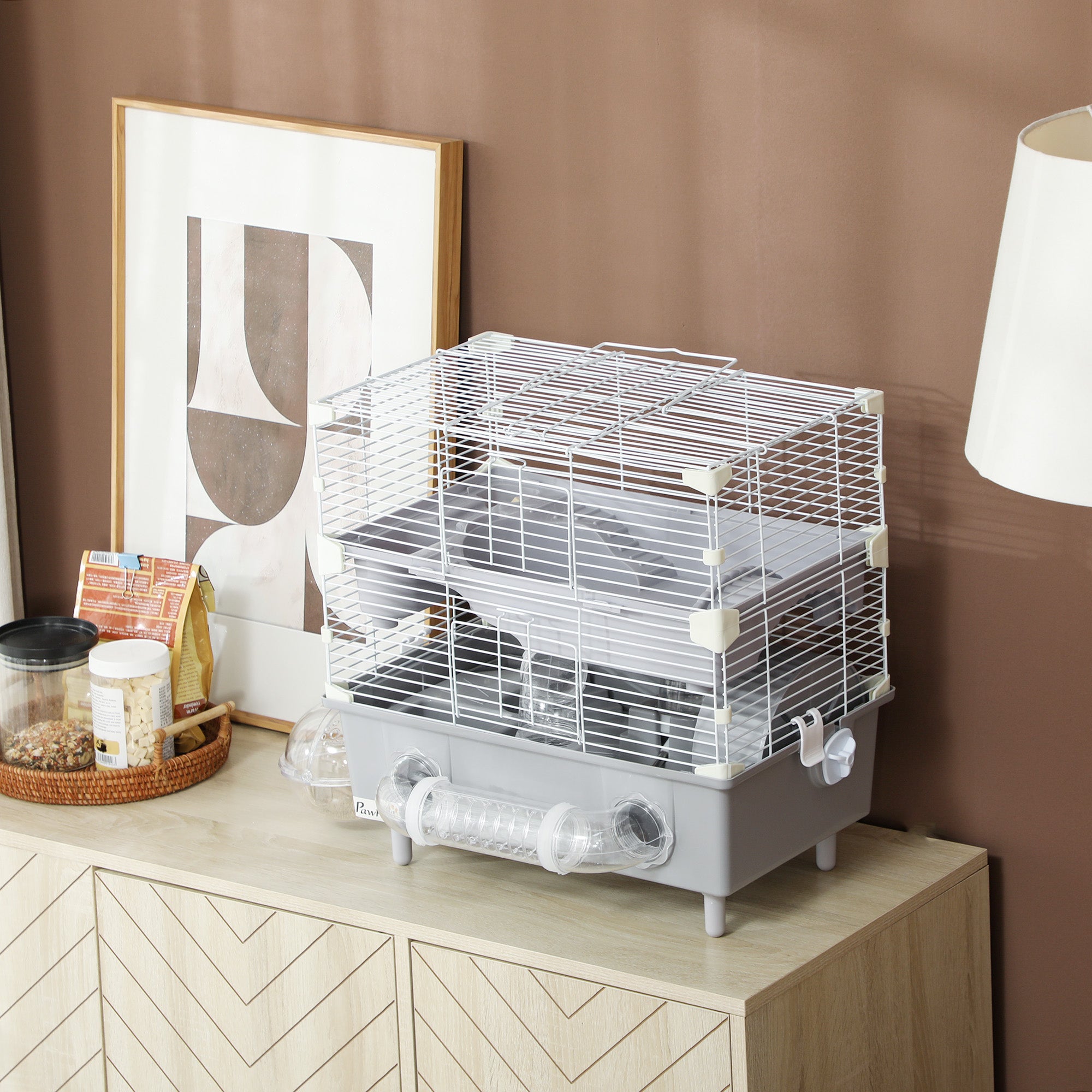 2-Tier Hamster Cage with Sand Bathroom, Running Wheel, Water Bottle, Tubes, Accessories, for Dwarf Hamster, Gray