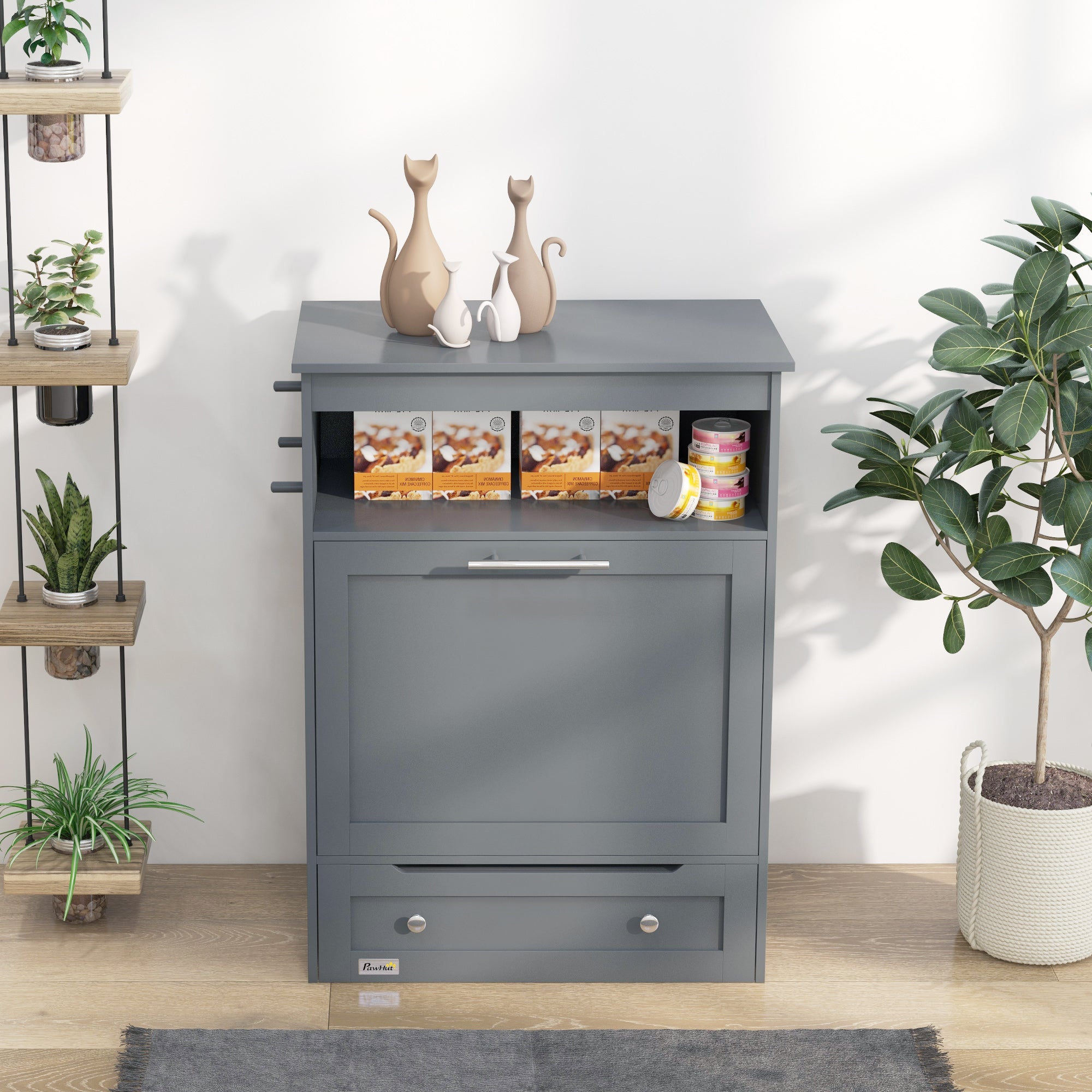 Pet Feeder Station Storage Cabinet, Dog Food Storage Container with Dog Raised Bowls, Watering Supplies, Gray
