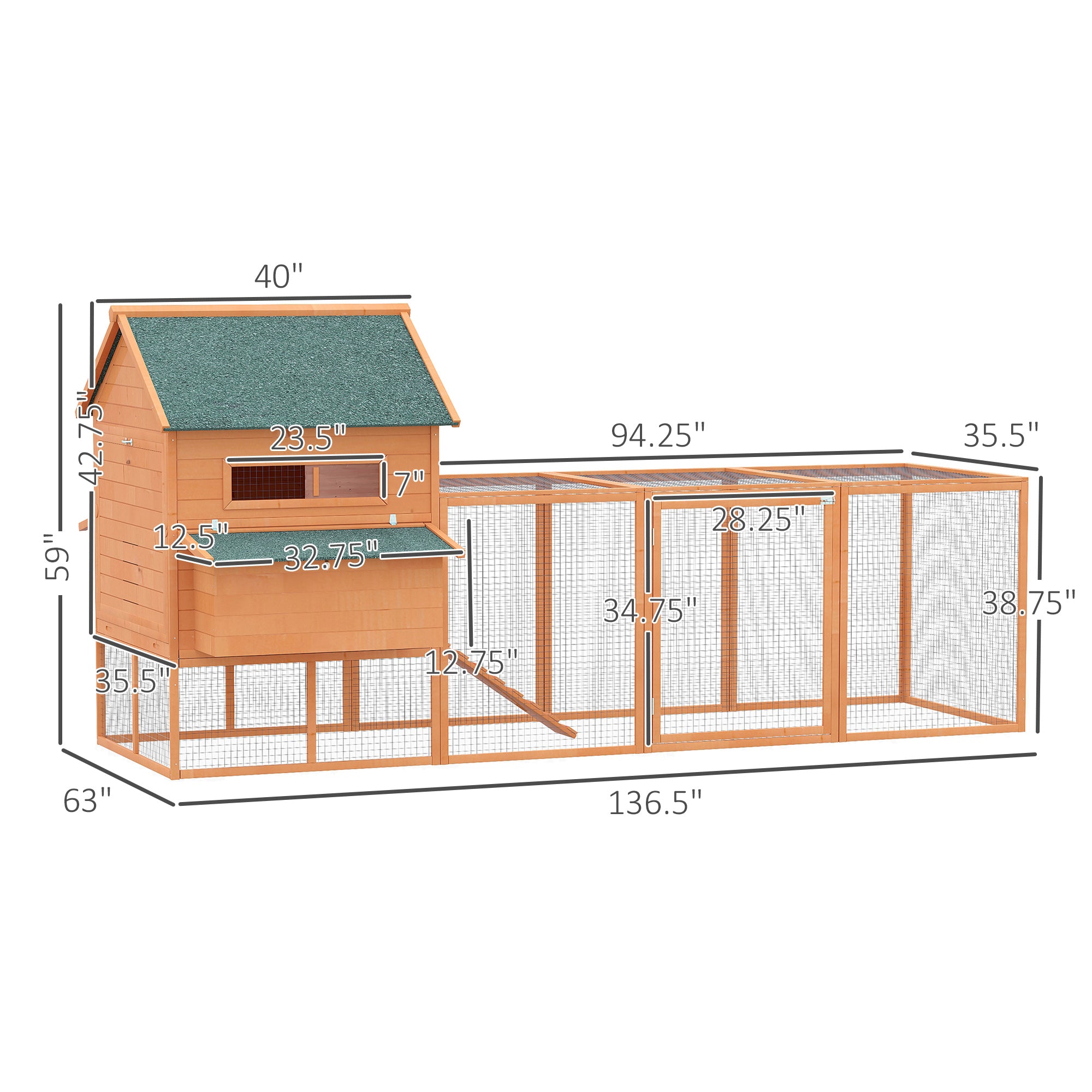 137" Chicken Coop for 8-10 Chickens, Large Chicken House, Wooden Poultry Hen Cage with Nesting Box and Run for Backyard, Orange
