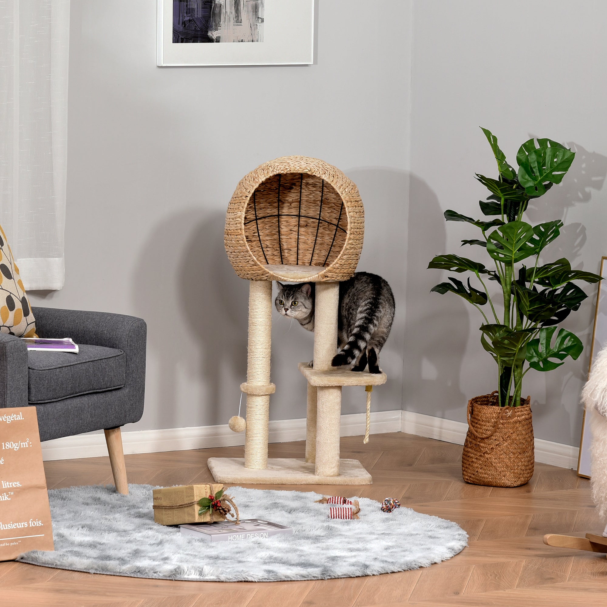 Cat Tree with Sisal Scratching Post Condo and Hanging Rope 39" H, Beige