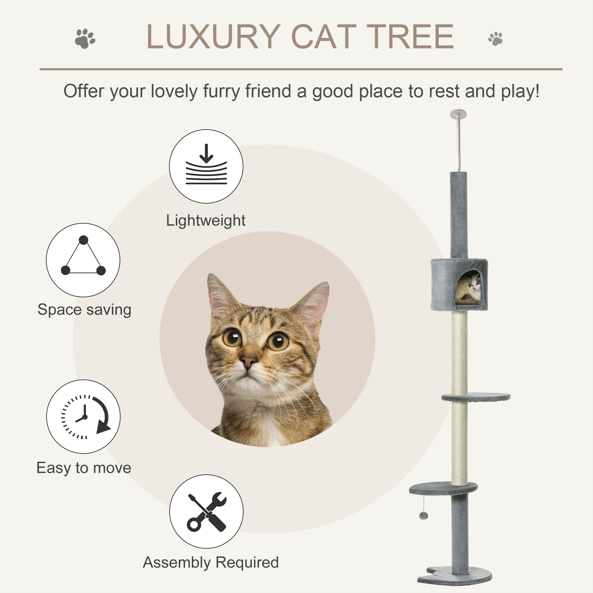 85.5" Adjustable Floor to Ceiling Cat Tree - 4-Tier Tall Cat Tower with Condo, Scratching Post & Hanging Balls, No-Drill Tension Mount Activity Center