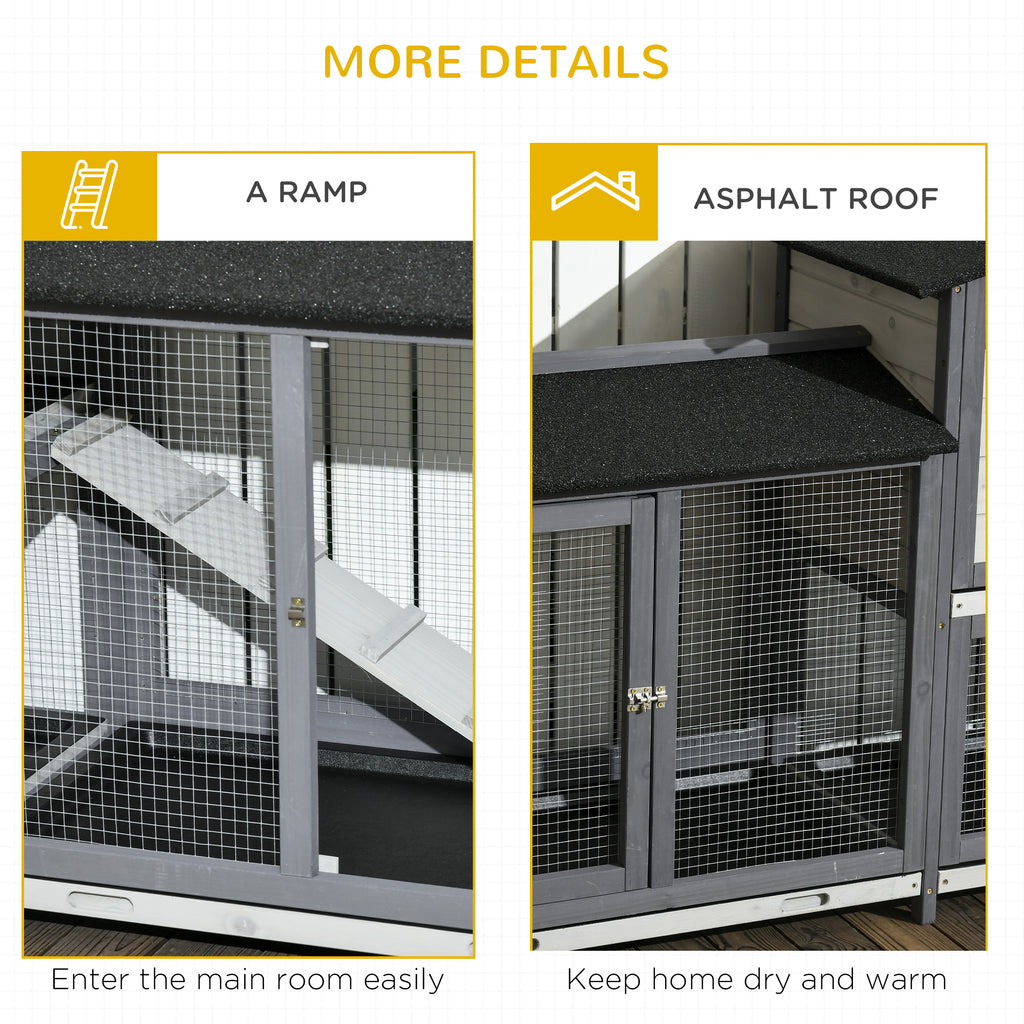 90.5" Wooden Rabbit Hutch Bunny Cage Pet Playpen House Enclosure with Double Side Run Boxes, No Leak Tray, Ramp, for Rabbits, Chickens, Ducks, Guinea Pig and Small Animals, Light Gray