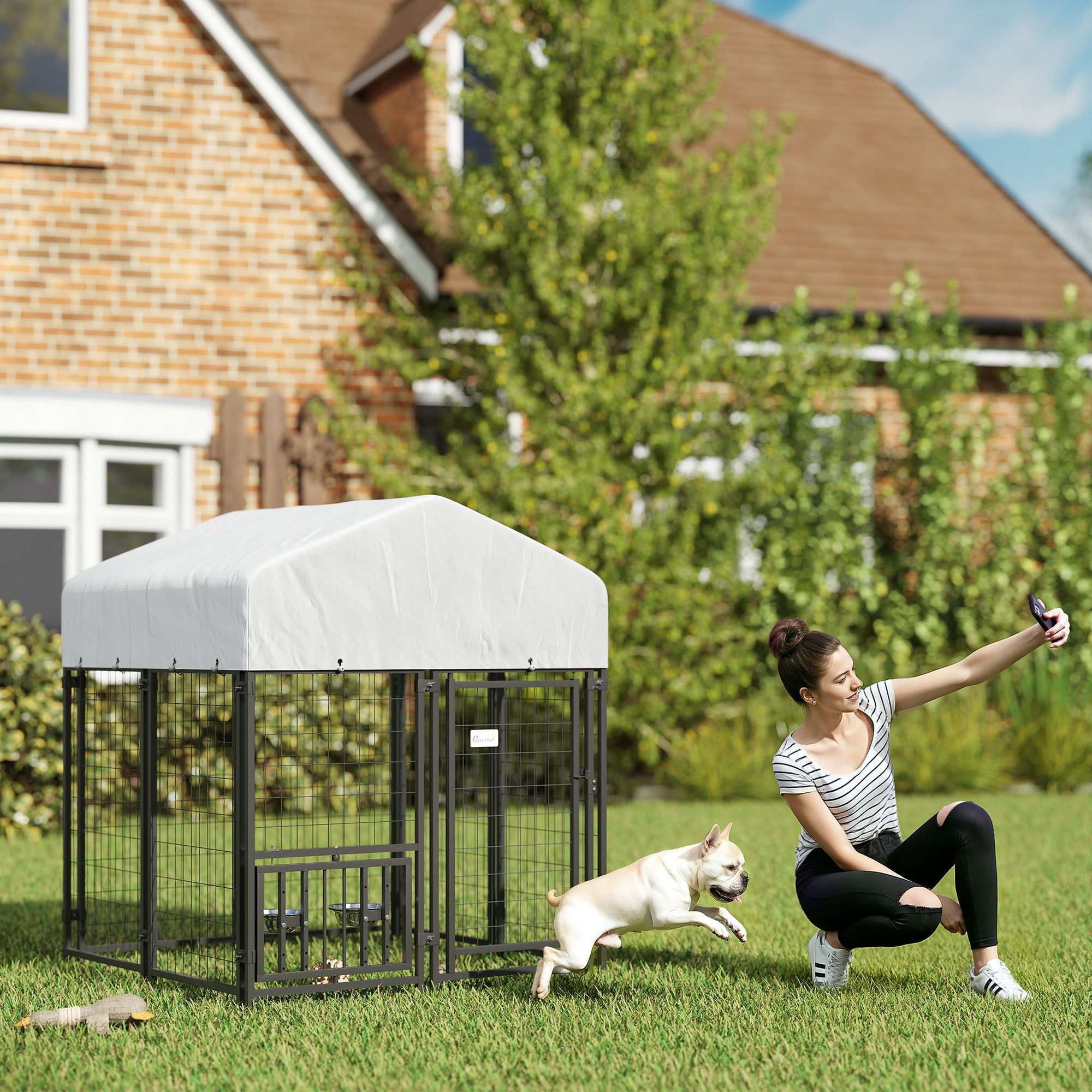 Welded Wire Outdoor Dog Kennel with 360¡ã Rotating & 4 Levels Adjustable Bowls, Waterproof Cover, 3.9' x 3.9' x 4.5'