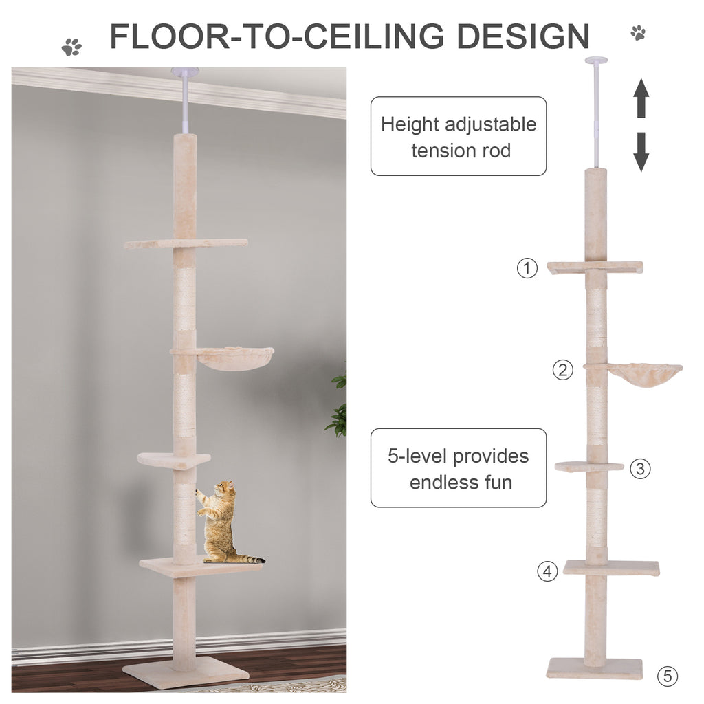102" Adjustable Floor to Ceiling Cat Tree - 5-Level Tall Cat Tower with Sisal Scratching Posts & Cozy Hammock, No-Drill Tension Mount, Beige - Space-Saving Indoor Activity Center for Large Cats
