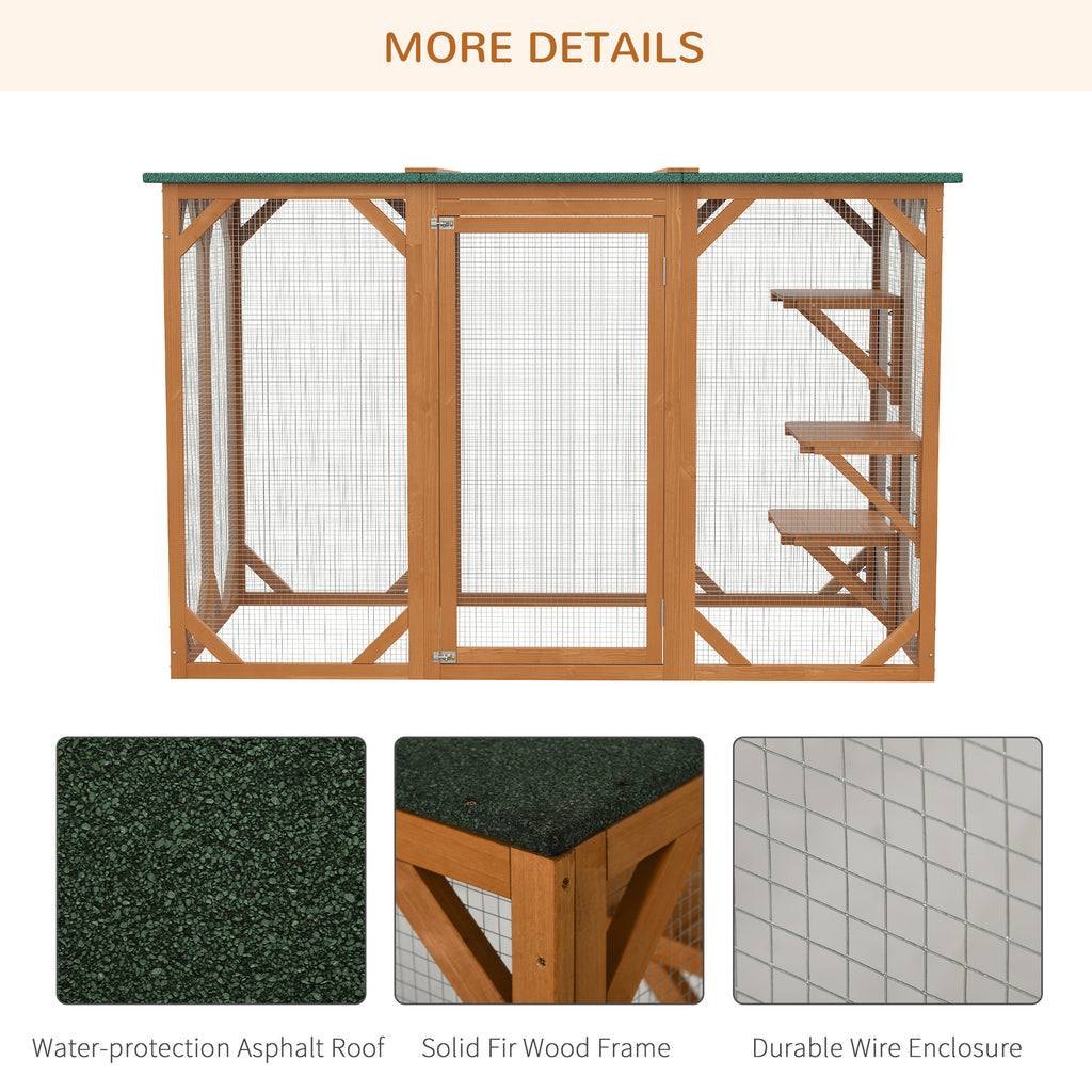 Outdoor Cat House, Catio Wooden Feral Cat Shelter, Cat Cage with Platforms, Large Enter Door, Weather Protection Asphalt Roof, 71" L, Orange