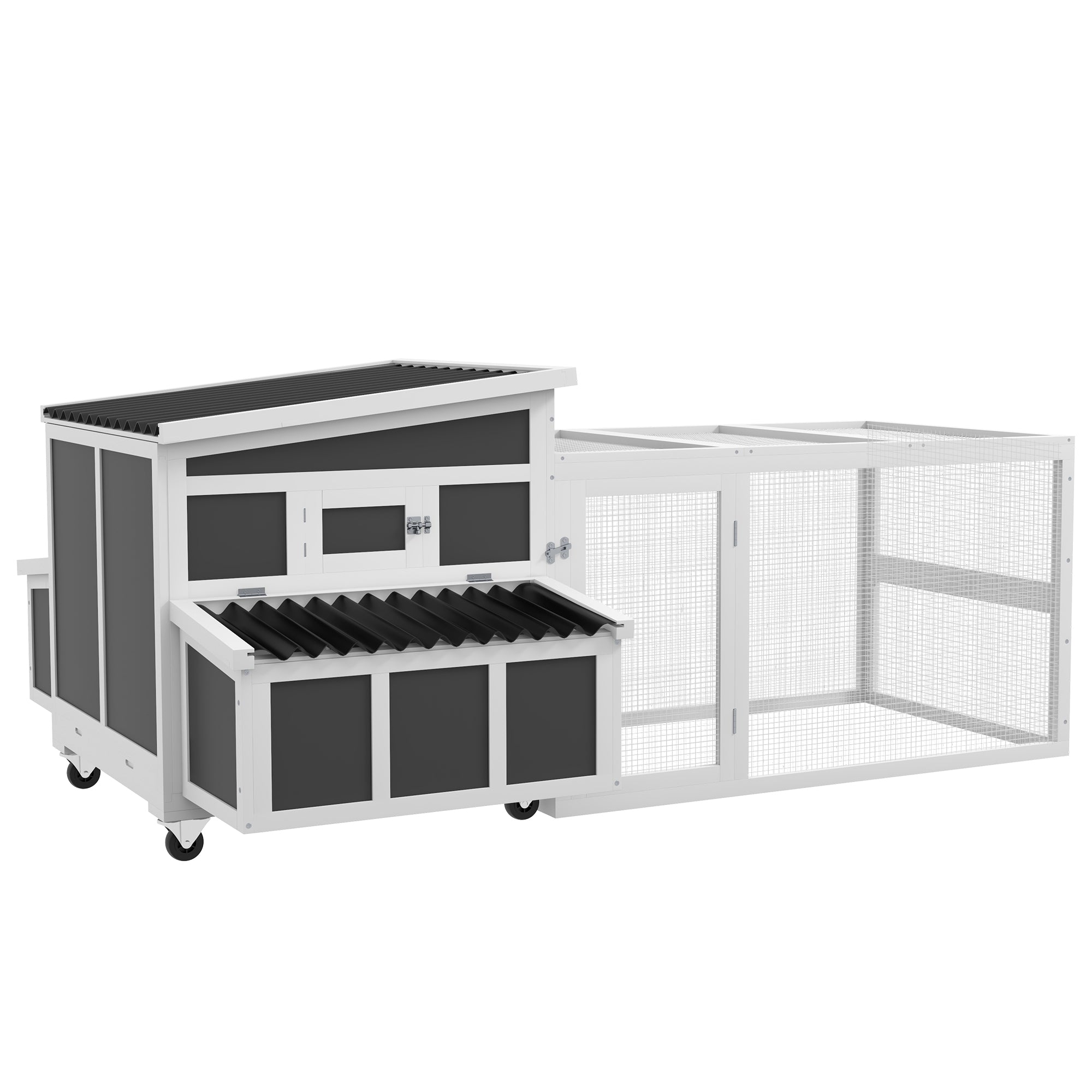 Wooden Chicken Coop with Nesting Box, Pull Out Tray, Run, Perches, Ramp, Windows for 6 Chickens, Dark Gray