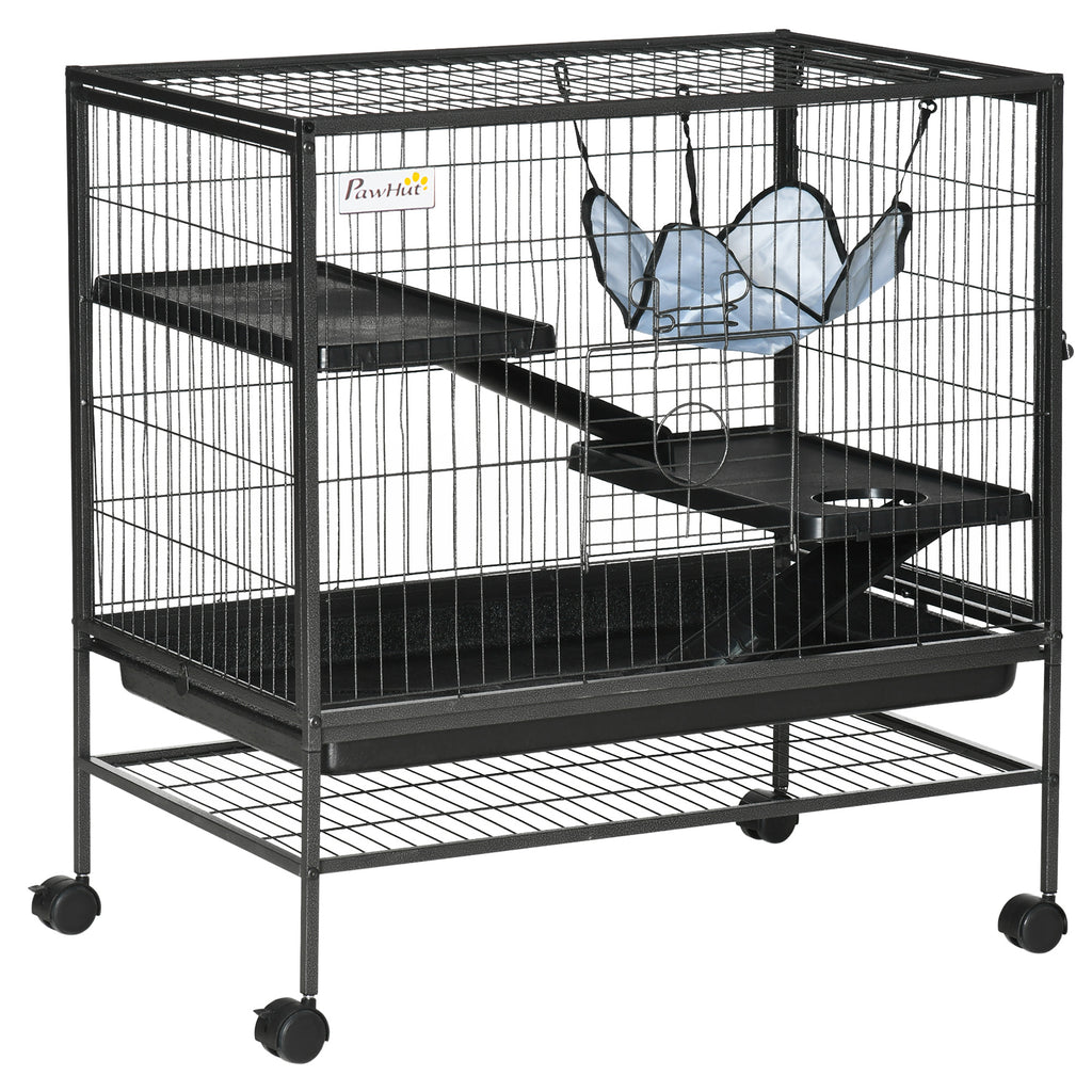 Small Animal Cage with Wheels, Pet Playpen for Rat, Syrian Hamster, Kitten, Ferrets, Chinchillas with Bottom Storage Shelf, Removable Tray, Ramp, 31.5" x 20.5" x 33.1"
