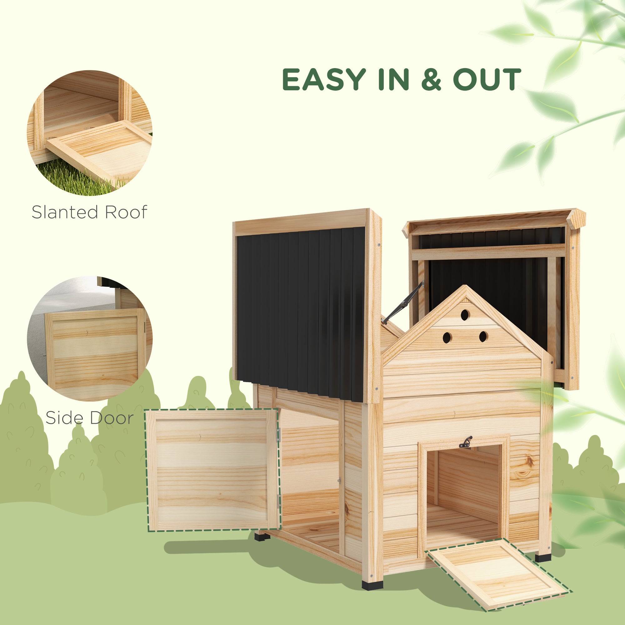 Duck Coop, Wooden Duck House with Openable Roof & Double Doors, Natural Wood