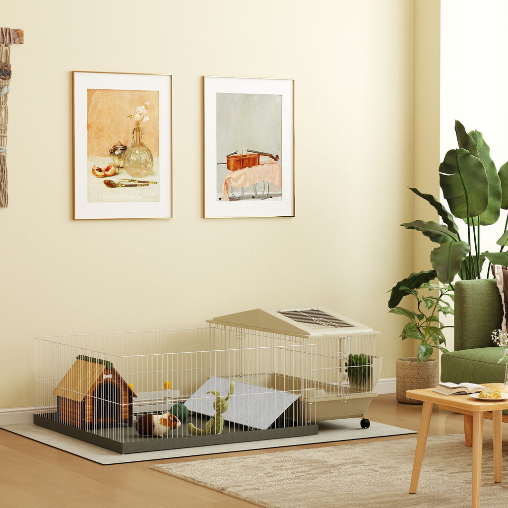 Guinea Pig Cage with Removable Playpen, Waterproof Pad, Hay Feeder & Water Bottle, Small Animal Habitat for Indoor Use