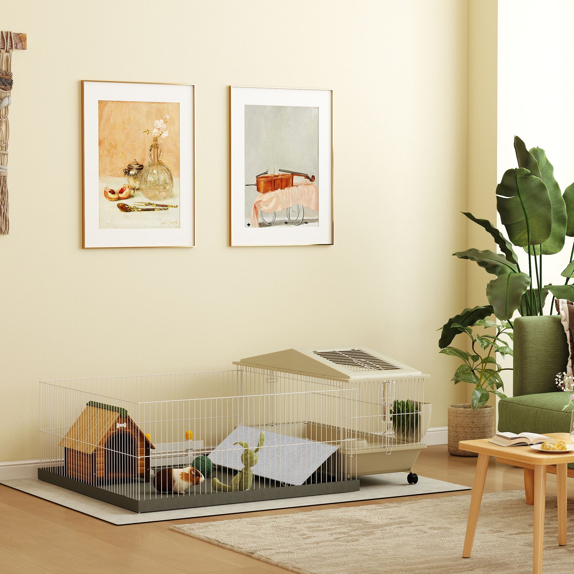 Guinea Pig Cage with Removable Playpen, Waterproof Pad, Hay Feeder & Water Bottle, Small Animal Habitat for Indoor Use