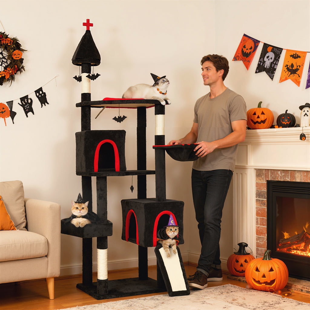 78" Gothic Cat Tree with Coffin Bed - Tall Cat Tower for Indoor Cats with 2 Spacious Condos & Sisal Scratching Posts, Unique Bat Hanging Toys, Halloween Furniture