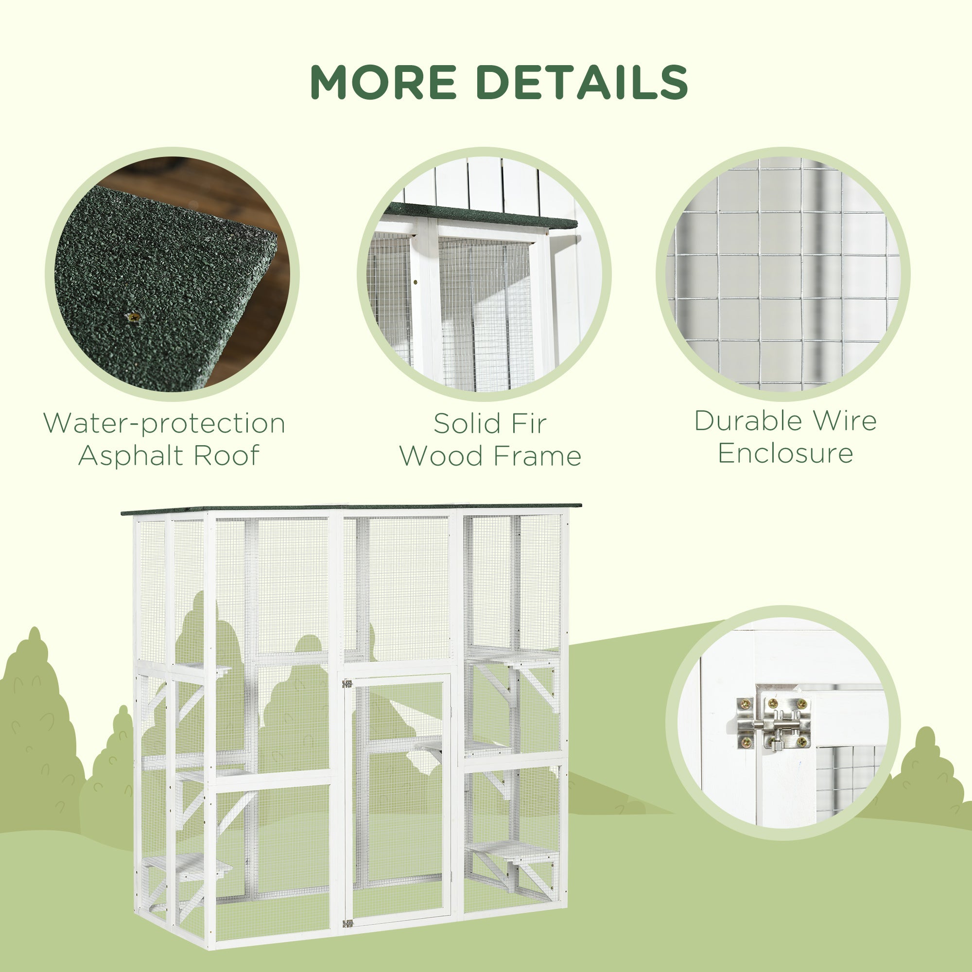 Outdoor Cat House Big Catio Wooden Feral Cat Shelter Enclosure with Large Spacious Interior, 6 High Ledges, Weather Protection Asphalt Roof, 71" L, White