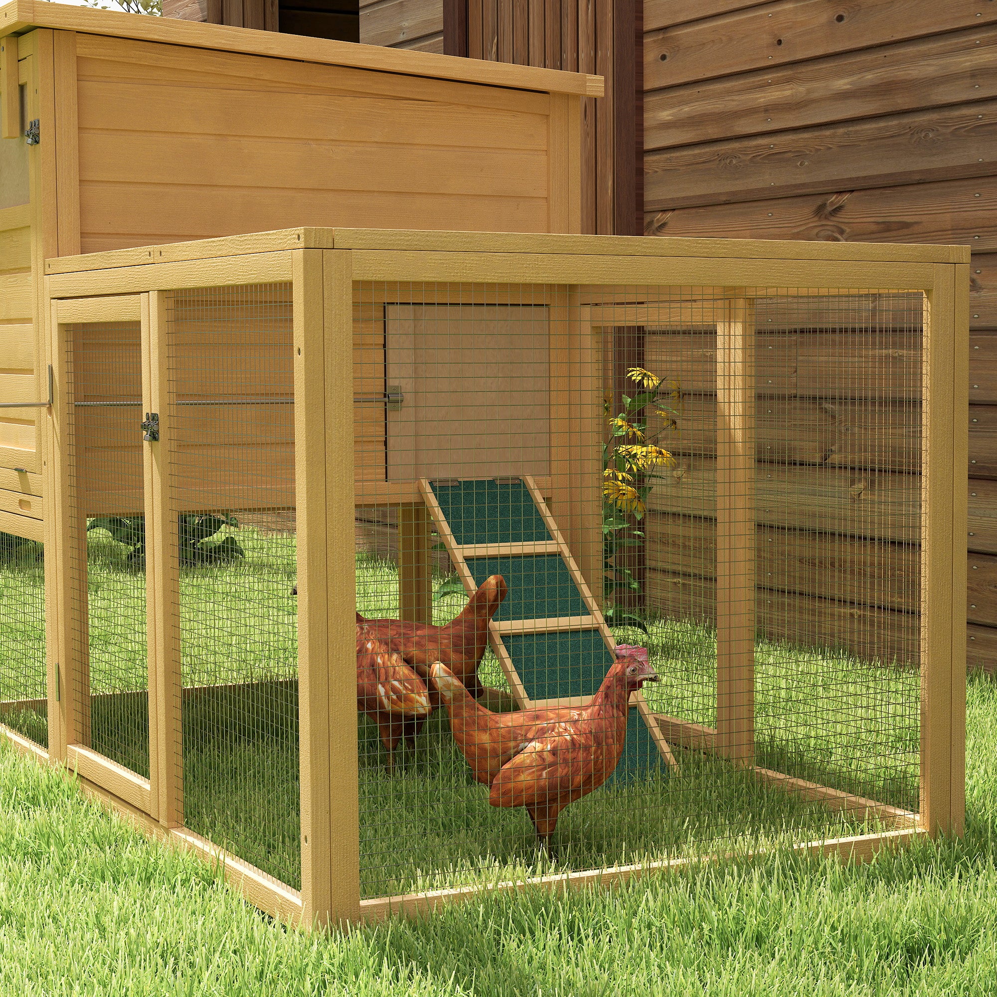 75" Wooden Chicken Coop with Nesting Box, Removable Tray, Ramp Run, for Garden Backyard, Natural Wood