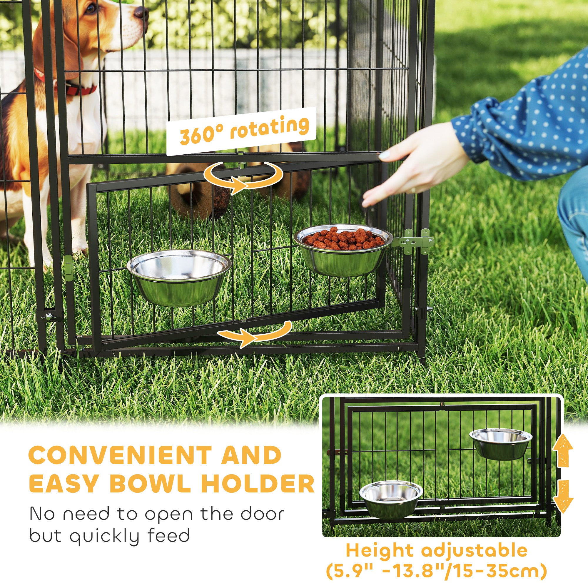 Large Outdoor Dog Kennel with Rotating & Adjustable Height Bowls, Waterproof & UV-Resistant Canopy, 11.3' x 4.7' x 5.1'