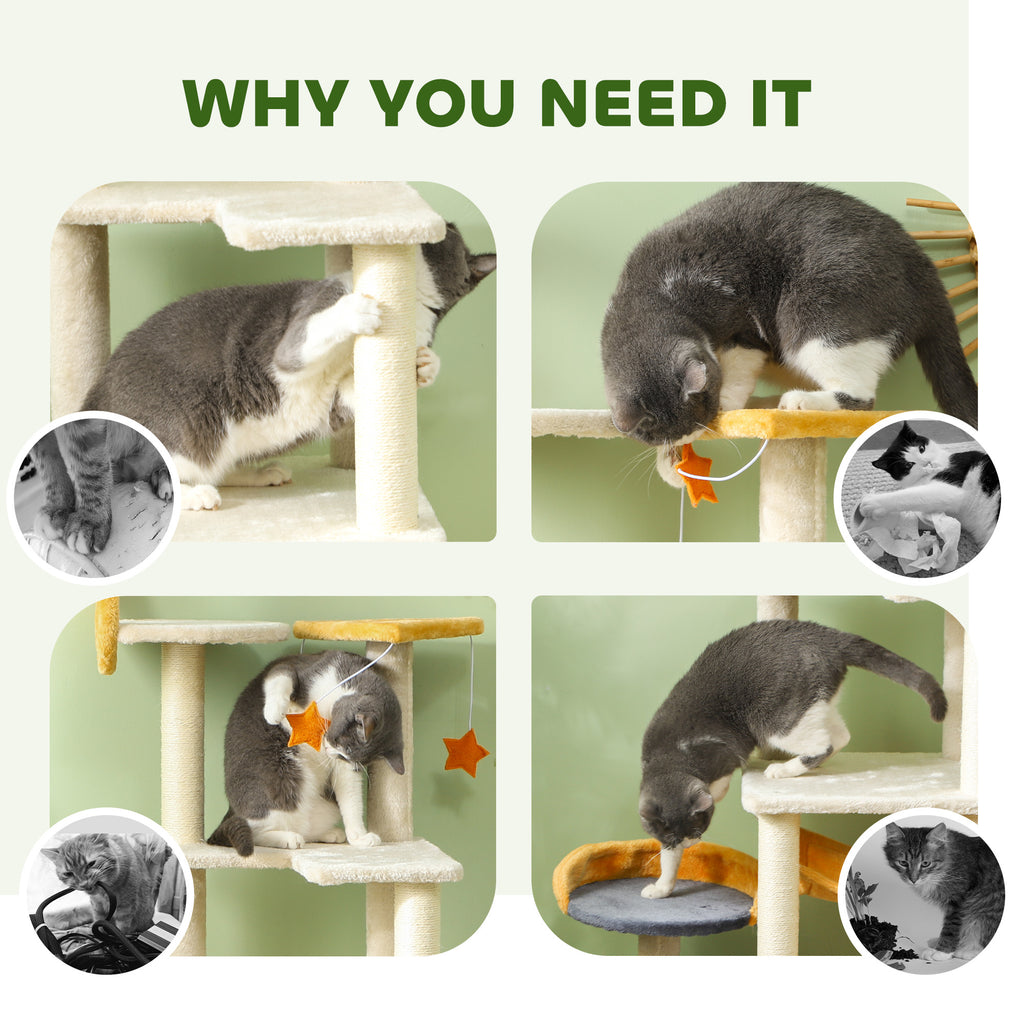 63 Inch Moon and Star Themed Cat Tree with Scratching Post, Hammock, Condo, Bed, Scratching Board & Cat Toys, Beige