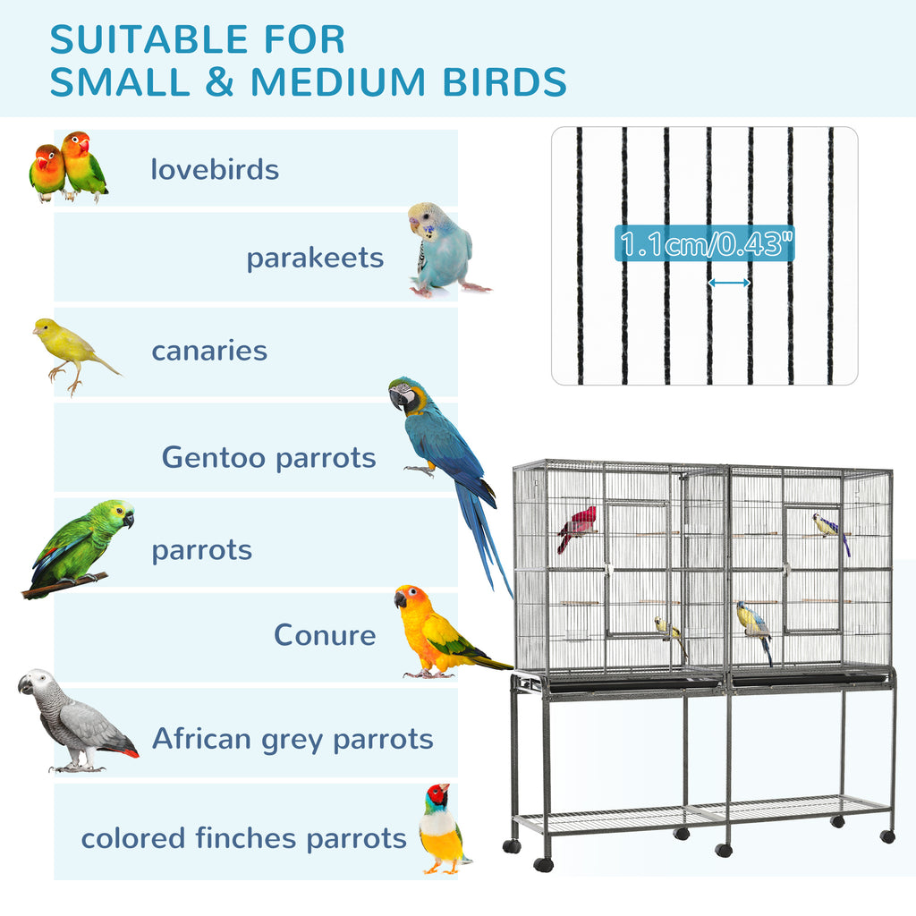 Rolling 65"L Bird Cage w/ Storage Shelf Wood Perch Food Container