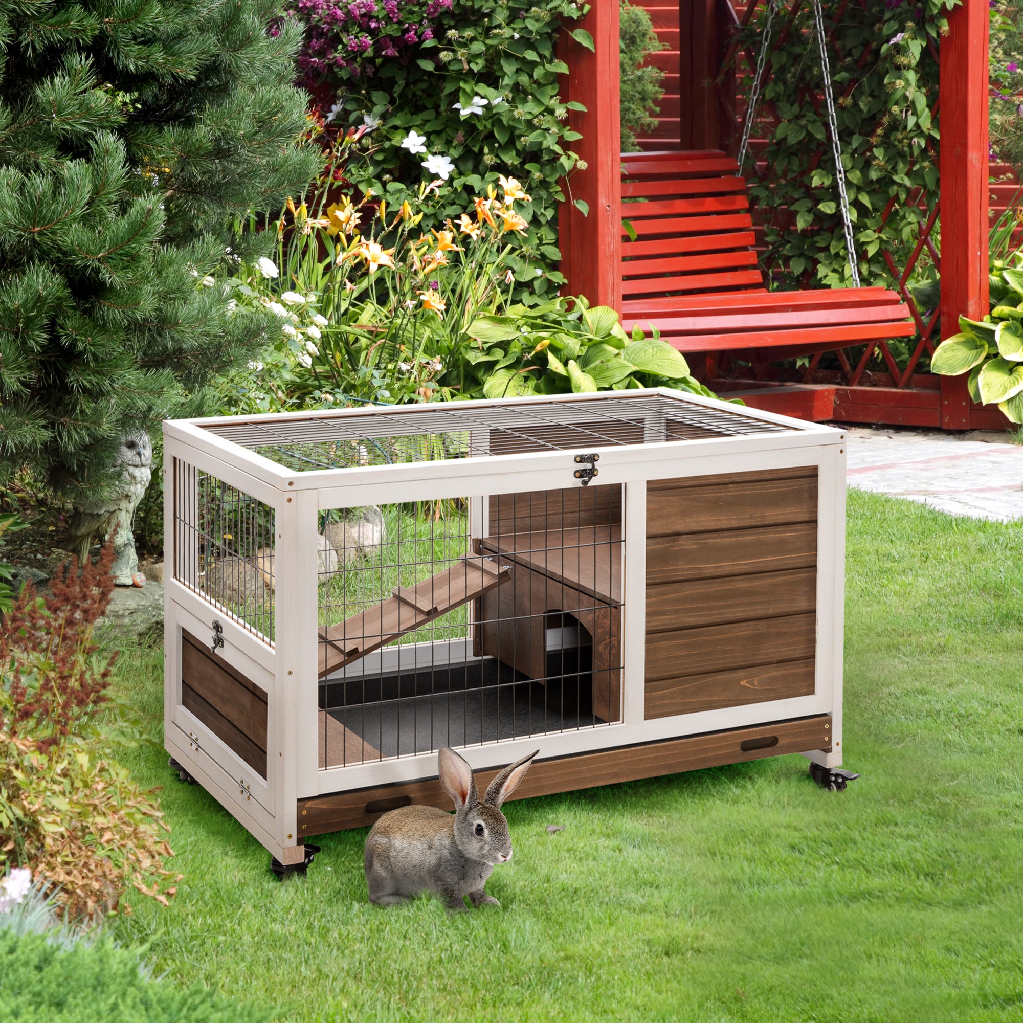 Indoor Rabbit Enclosure, on Wheels, Indoor Bunny Cage Small Animal House with Pull Out Tray Casters Ramp, 35.5" x 21" x 23", Brown