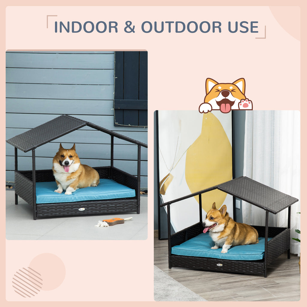 Wicker Dog House Outdoor with Canopy, Rattan Dog Bed with Water-resistant Cushion, Raised Pet Bed for Small, Medium Breeds up to 66 lbs, 20" in Length, Brown Wicker, Blue Cushion