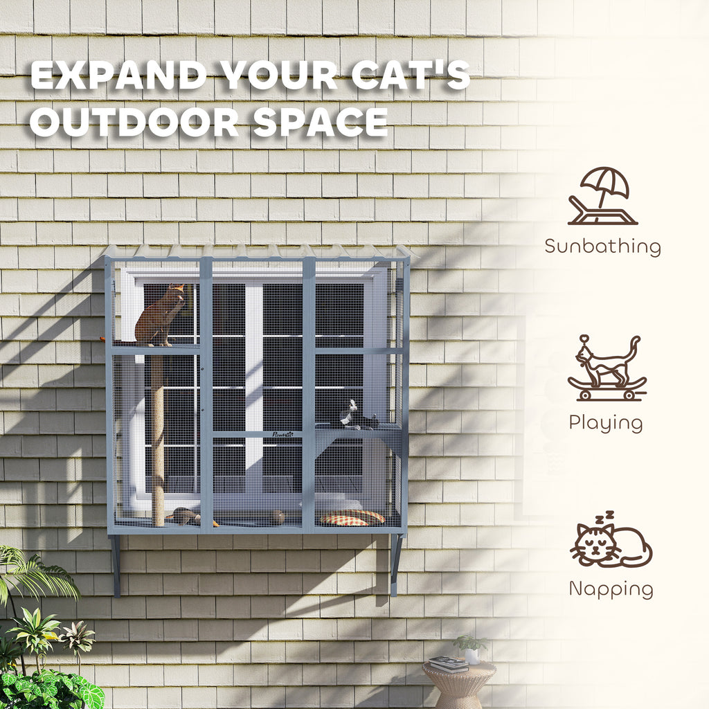 Catio Outdoor, Window Catio for 2-3 Large Indoor Cats w/ 2 Jumping Platforms, Scratching Post, for Playing, Napping