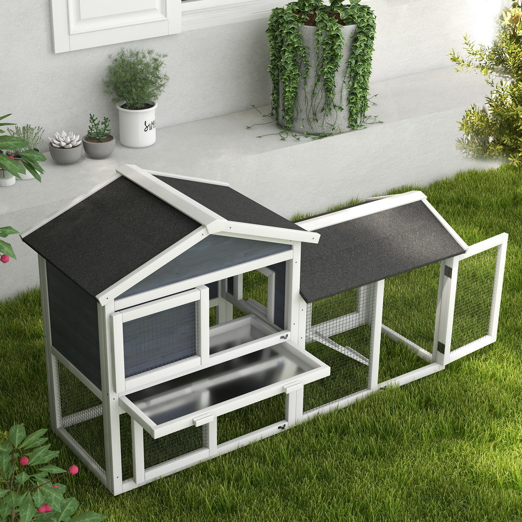 58" Wooden Rabbit Hutch with Run, Removable Tray, Asphalt Roof,  Lockable Doors and Ramp, Gray